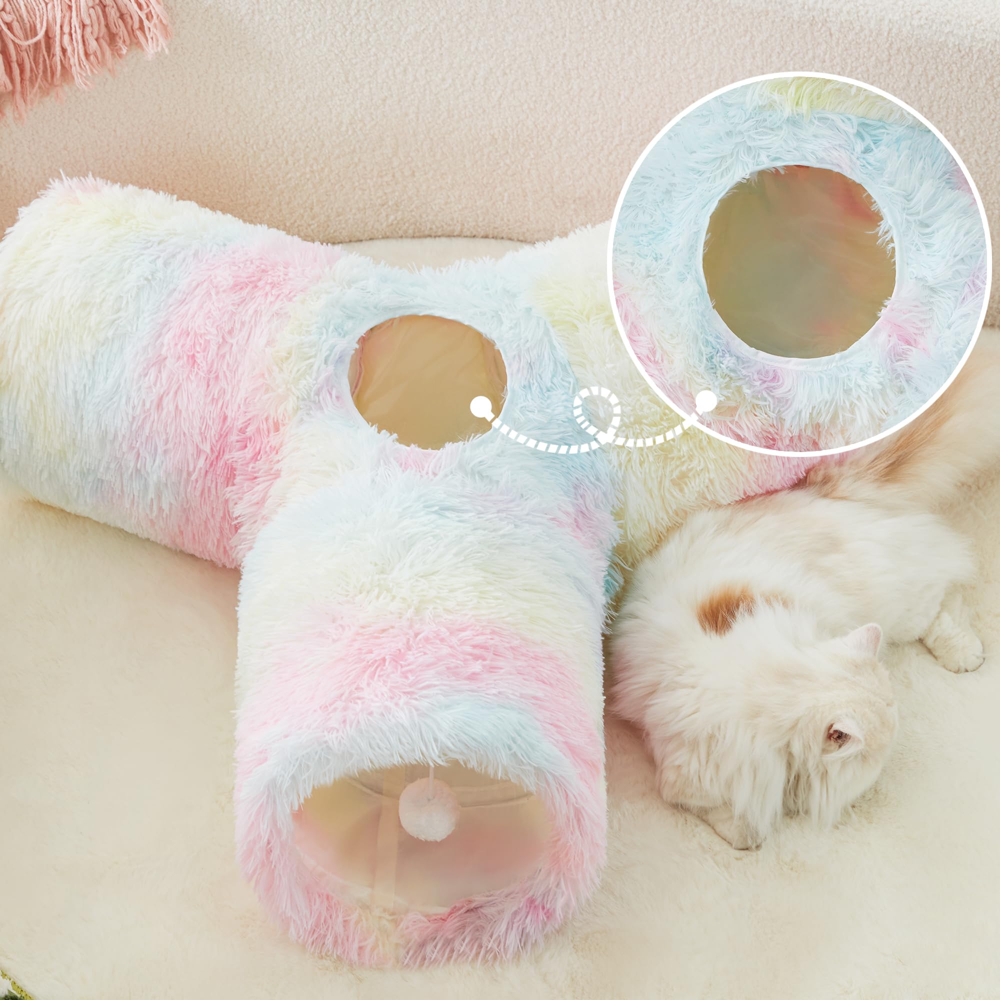 Tempcore Tunnel per gatti in peluche, pieghevole a 3 vie, tunnel per interni, giocattolo per animali domestici, gattino, coniglio, arcobaleno
