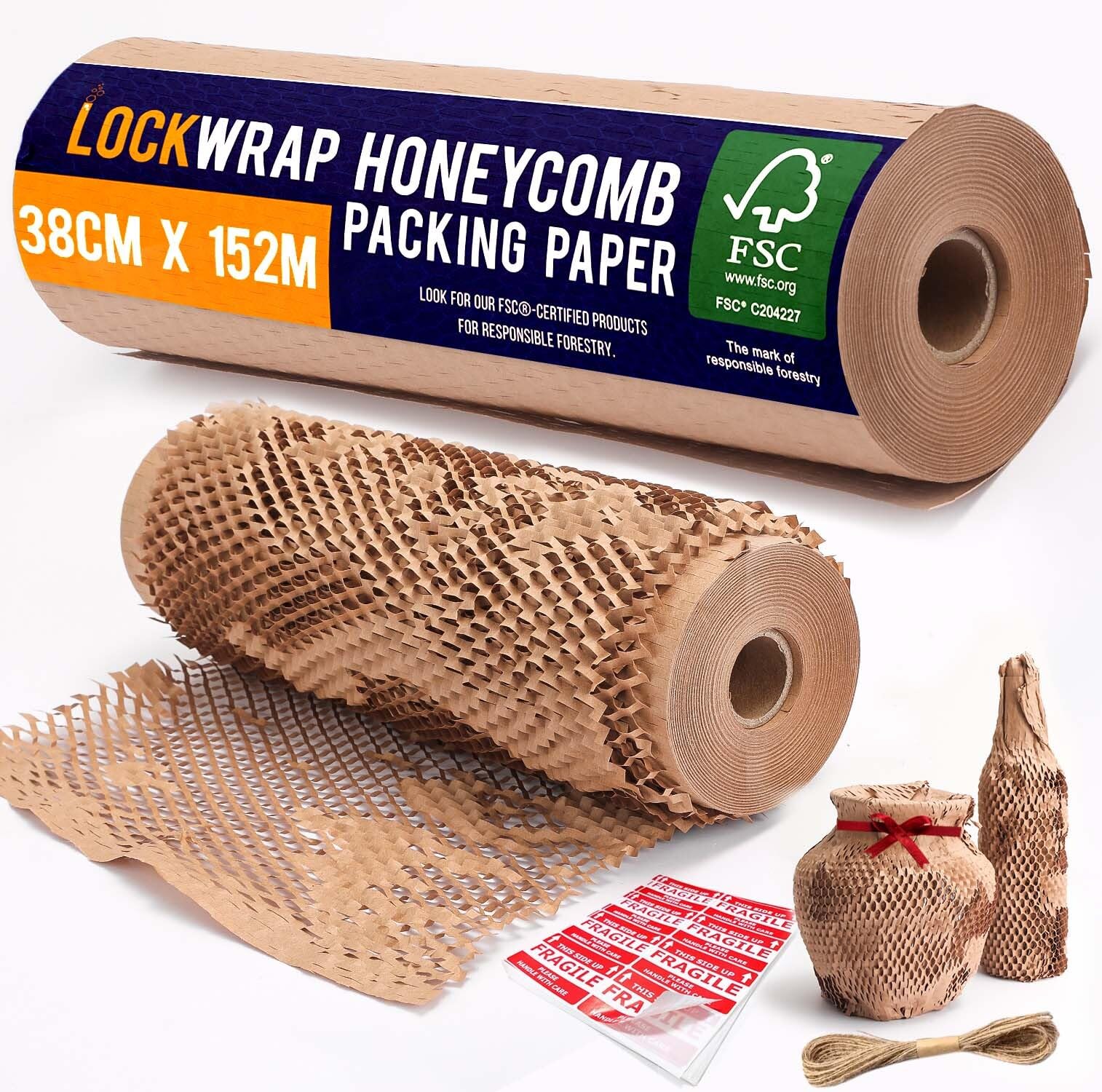 Honeycomb Packing Paper 38cm x 152m with Rope & 20 Fragile Stickers