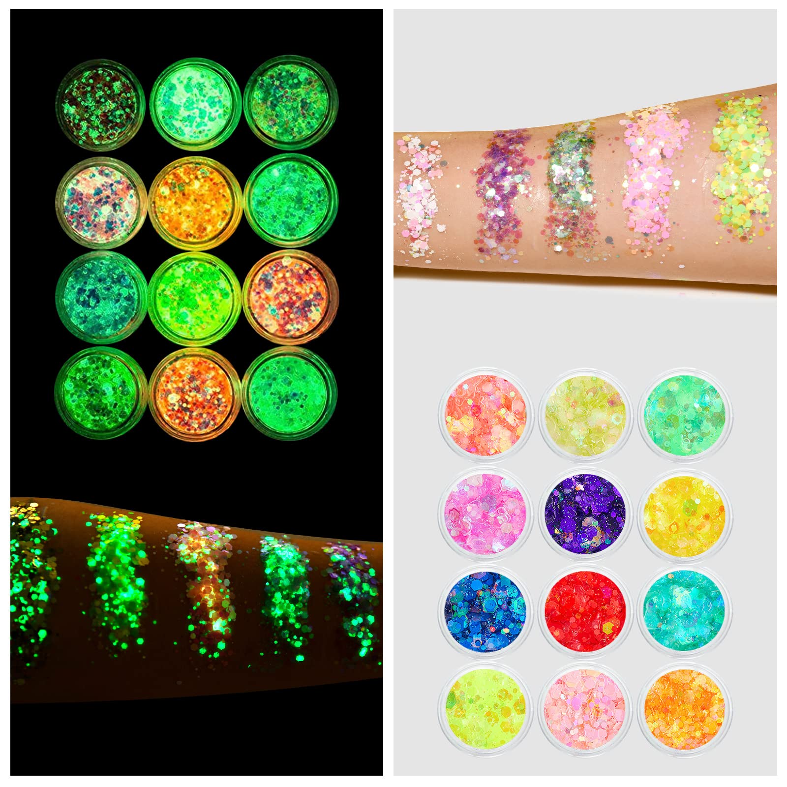 AOOWU Purpurina Corporal, 12 Colores Gel Purpurina Cara fluorescente para Glitter Maquillaje, Acrilico Glitter para Ojos, Cara, Pelo, Uñas, Purpurina Maquillaje y Manualidades Brillante Decoración