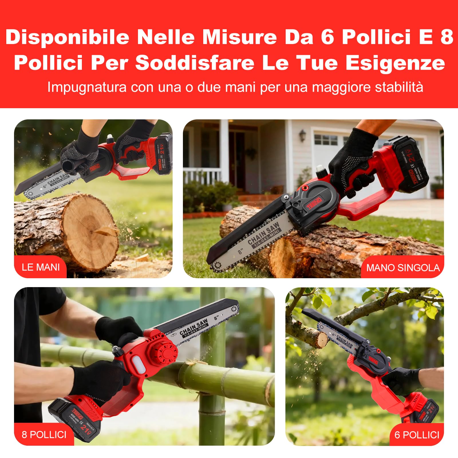TEENO Motosega a Batteria, 1000W Mini Motosega Elettrica 6&8 Pollici 2-in-1, Kit con 6 Catene (3×6"+3×8"), Motore Senza Spazzole, 2×4000mAh, 5500 RPM, Leggero per Giardinaggio, Potatura, Legna