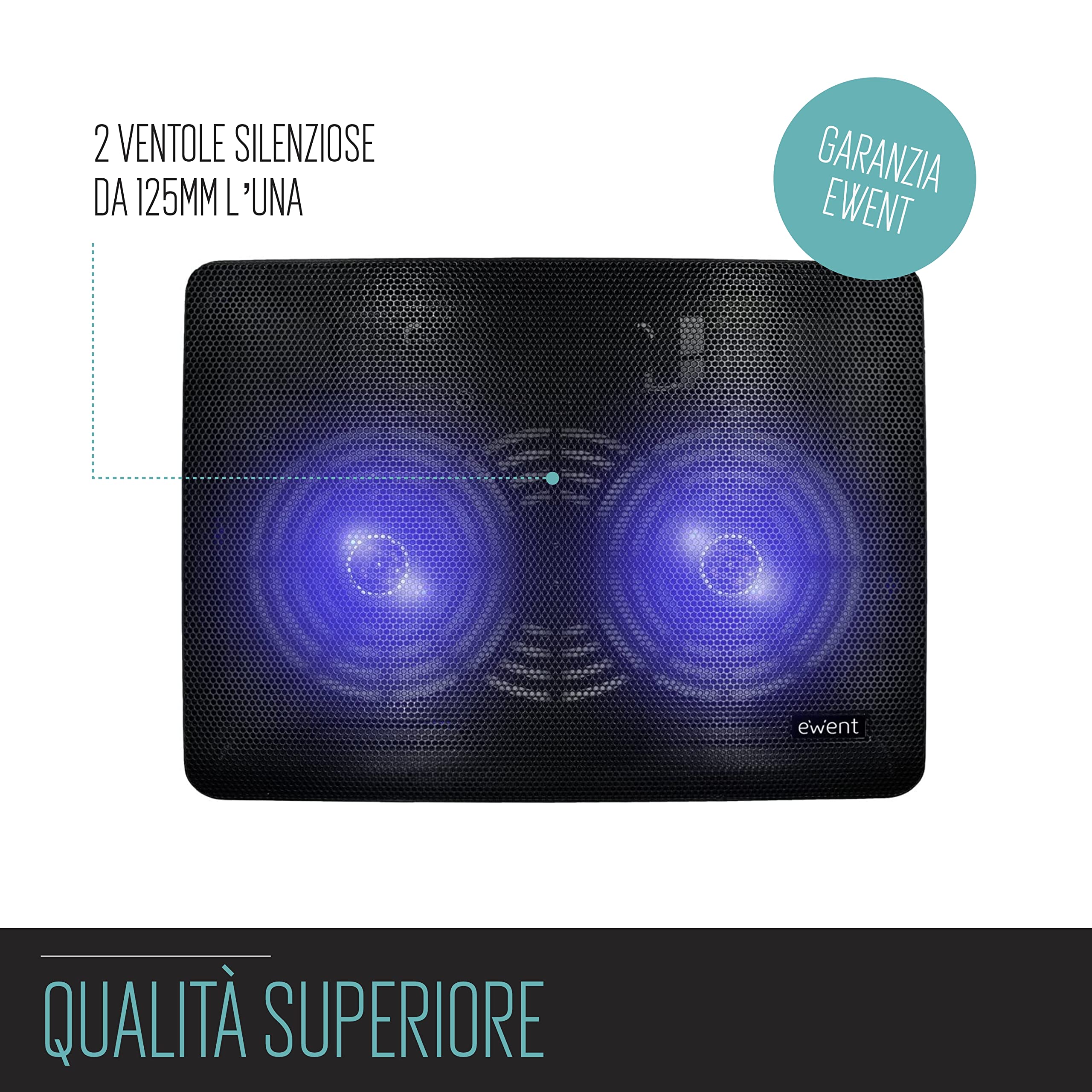 Ewent EW1256 Pad di raffreddamento a 2 ventole per Notebook fino a 17", Nero 34 x 25 x 2 cm