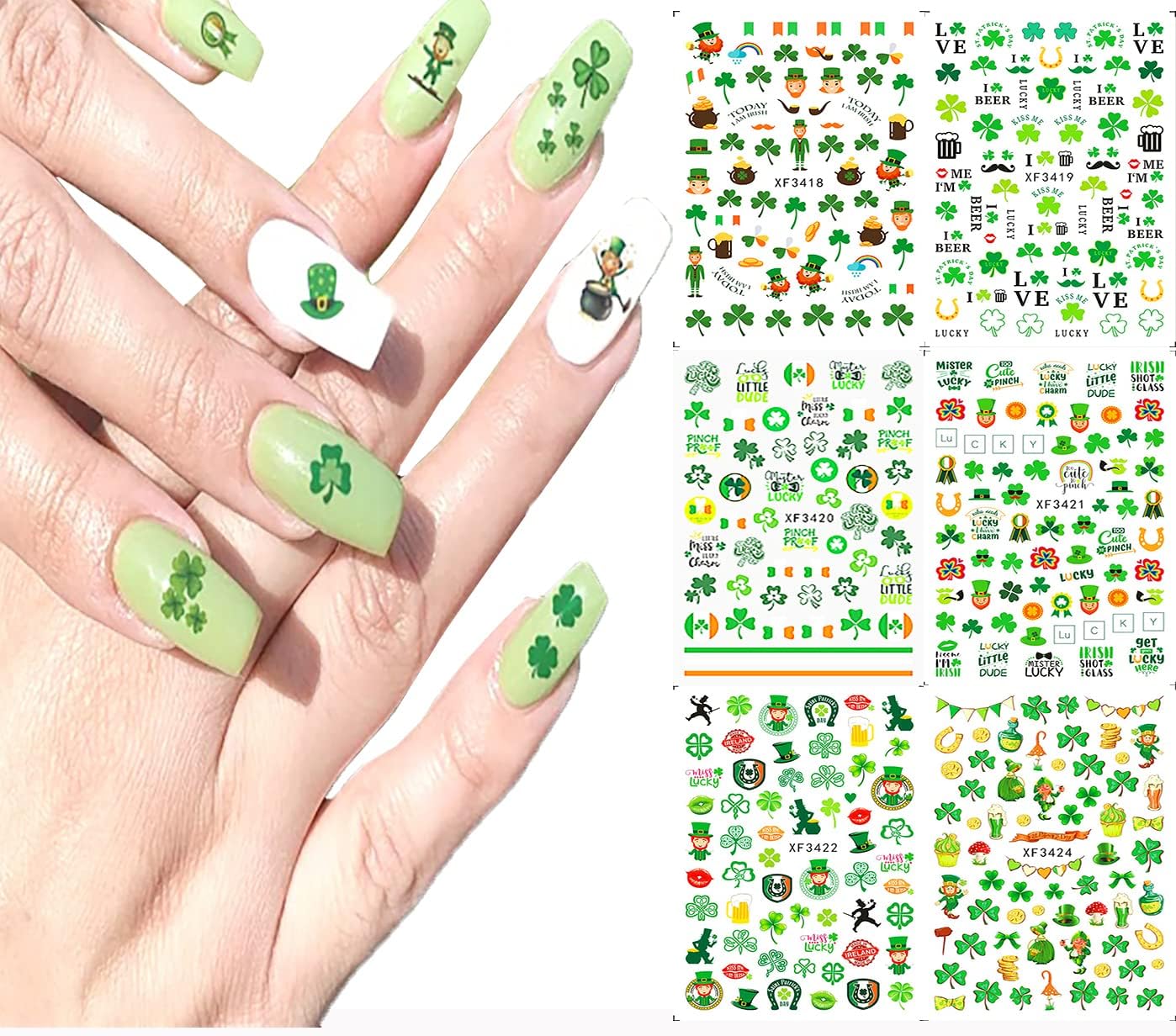 St. Patrick's Day Nail Stickers Self-Adhesive Nail Art Decals Shamrock Beer Gold Coin Leprechaun Pattern Cute 3D Nail Accessories Green Lucky Nail Decals for Women Girls DIY Nail Decoration 6 Sheets : Beauty & Personal Care