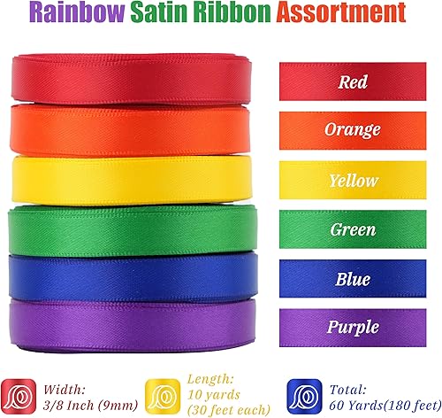 Miniatura 2 de DINDOSAL - Cinta de satén arco iris multicolor de 38 pulgadas, surtido de 6 rollos de cinta delgada de arco iris para envolver, tarjeta de