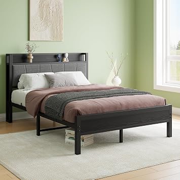 Double Bed Frames with Wooden Storage Headboard,Heavy Duty Metal Upholstered Platform Bed Frame Double Bed,Mattress Base/Strong Steel Slat Support/Under Bed Storage/Black