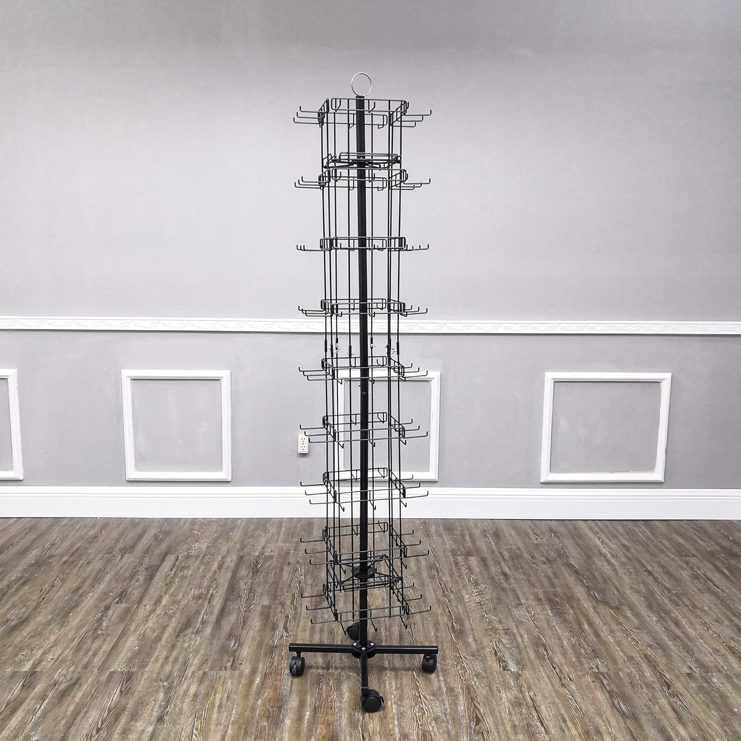 FixtureDisplays Key-Chain Souvenir Rack Wire Display Mobile Stand with Rolling Casters, 96 Wire Hanging Hooks, Black Powder Coated Metal, 16" x 16" x 69.5", 15394-NEW-NPF