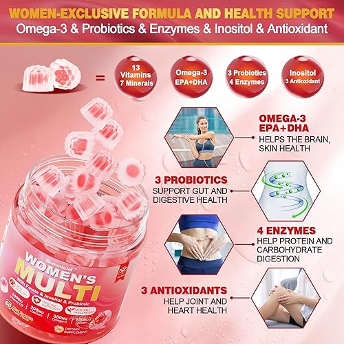 Miniatura 4 de Gomitas multivitamínicas sin azúcar para mujer, multivitamínico metilado para mujerescon omega-3, calcio, enzimas y probióticos, vitamina A, C, D3,