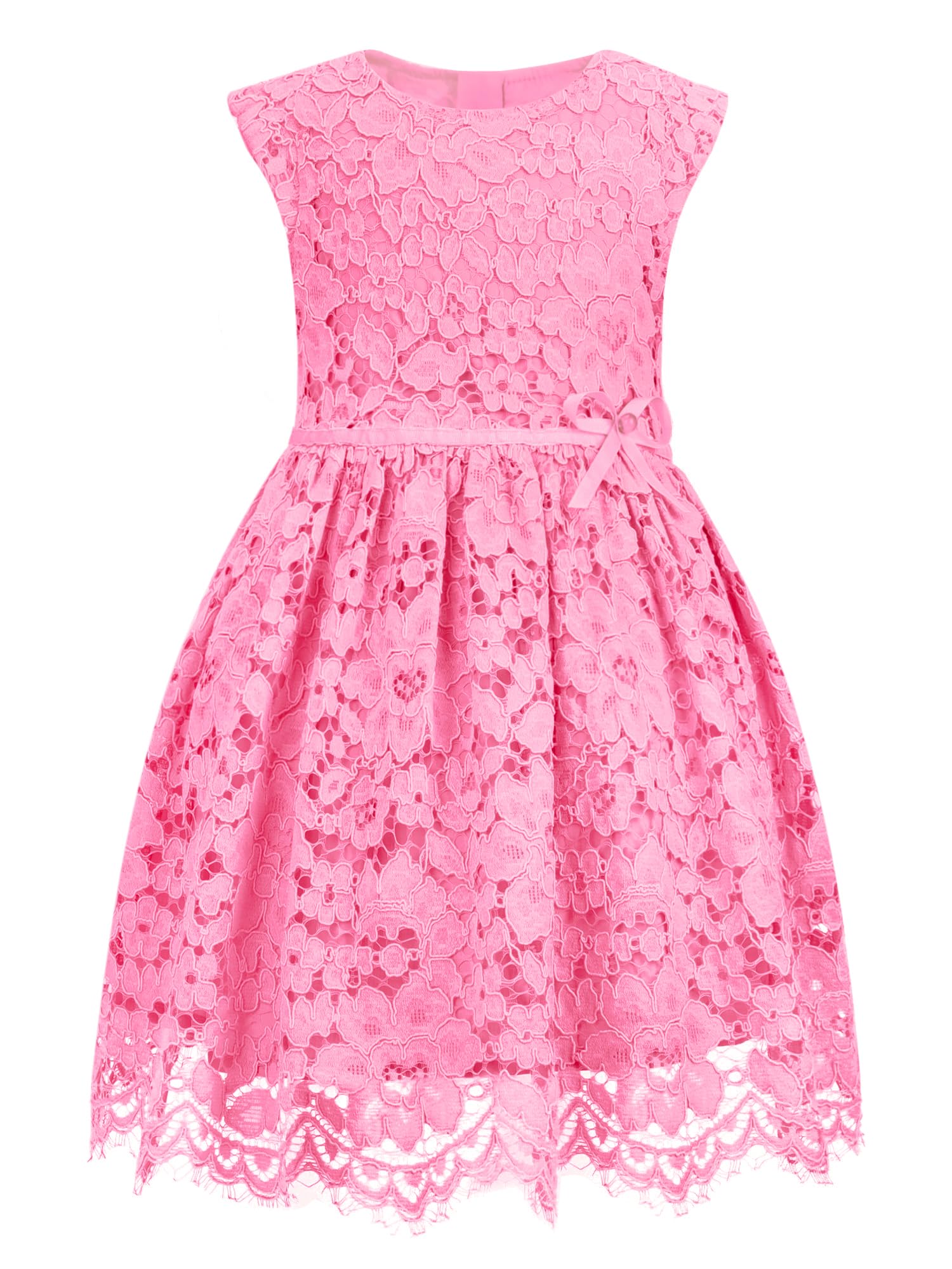ALLOVIN Mädchen & Kleinkinder Oster Ärmelloses A-Linien Spitzen Party Kleid Geburtstags Blumenmädchen Kleid mit Perlen-Schleife 2-12 Jahre