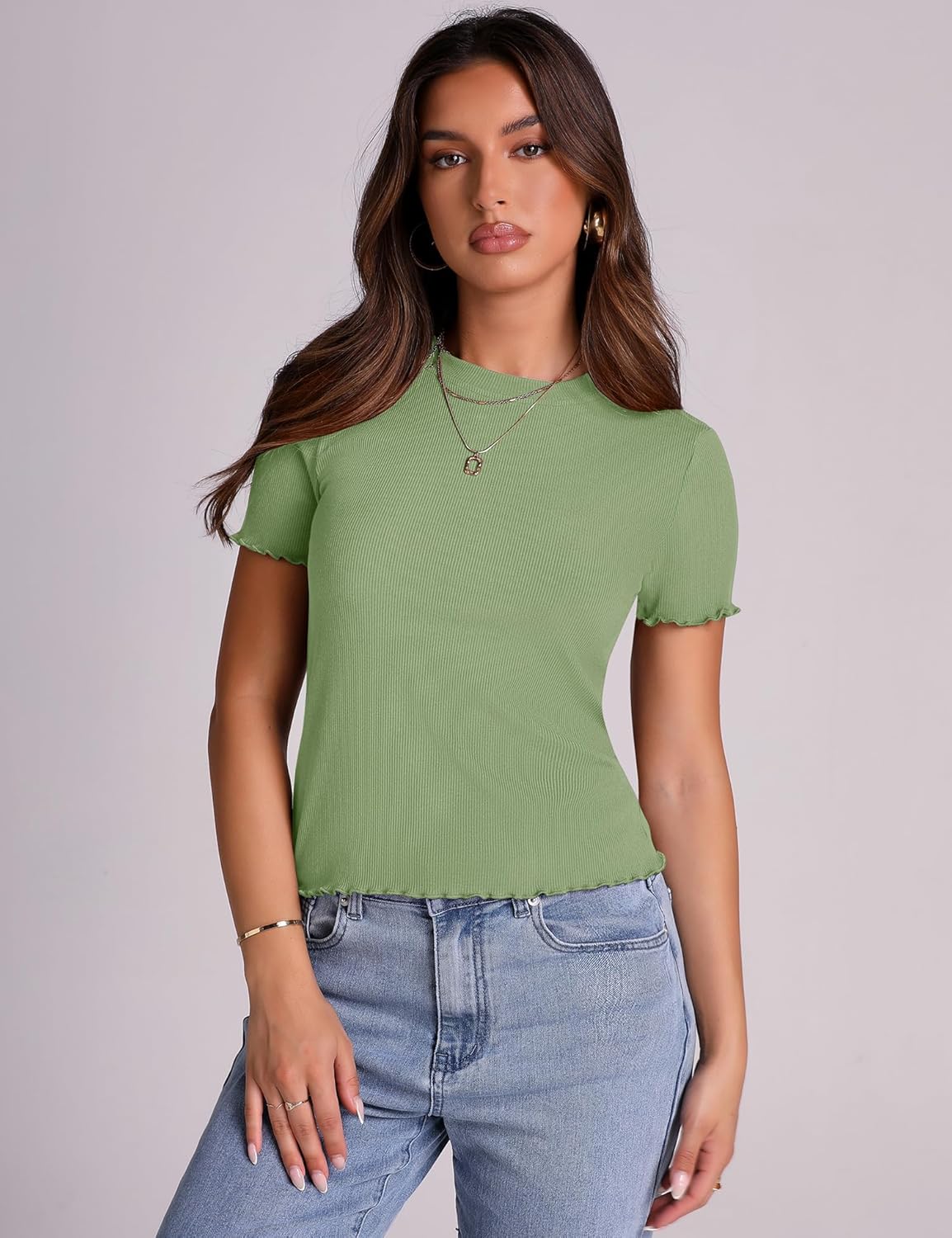 LOMON Women's Crew Neck Short Sleeves T Shirts Ribbed Knit Summer Basic Fitted Tees Lettuce Edge Going Out Tops - Image 5