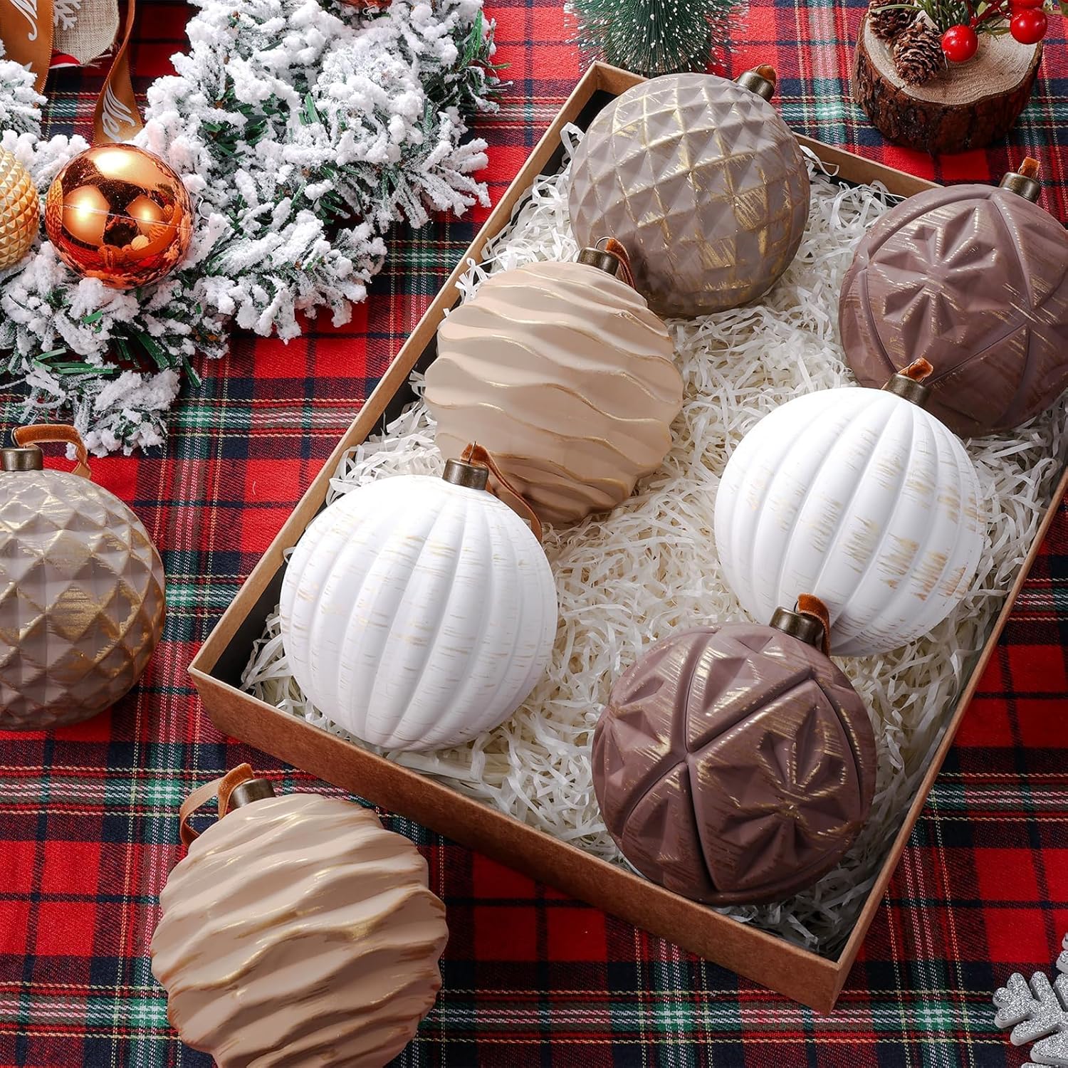 12 Pcs Neutral Textured Christmas Ball Ornaments 4 Inch Xmas Tree Decorations Rustic Farmhouse Boho Vintage Hanging Ornaments Earth Toned Home Decor for Tree Party Holiday (Brown01) - Image 3