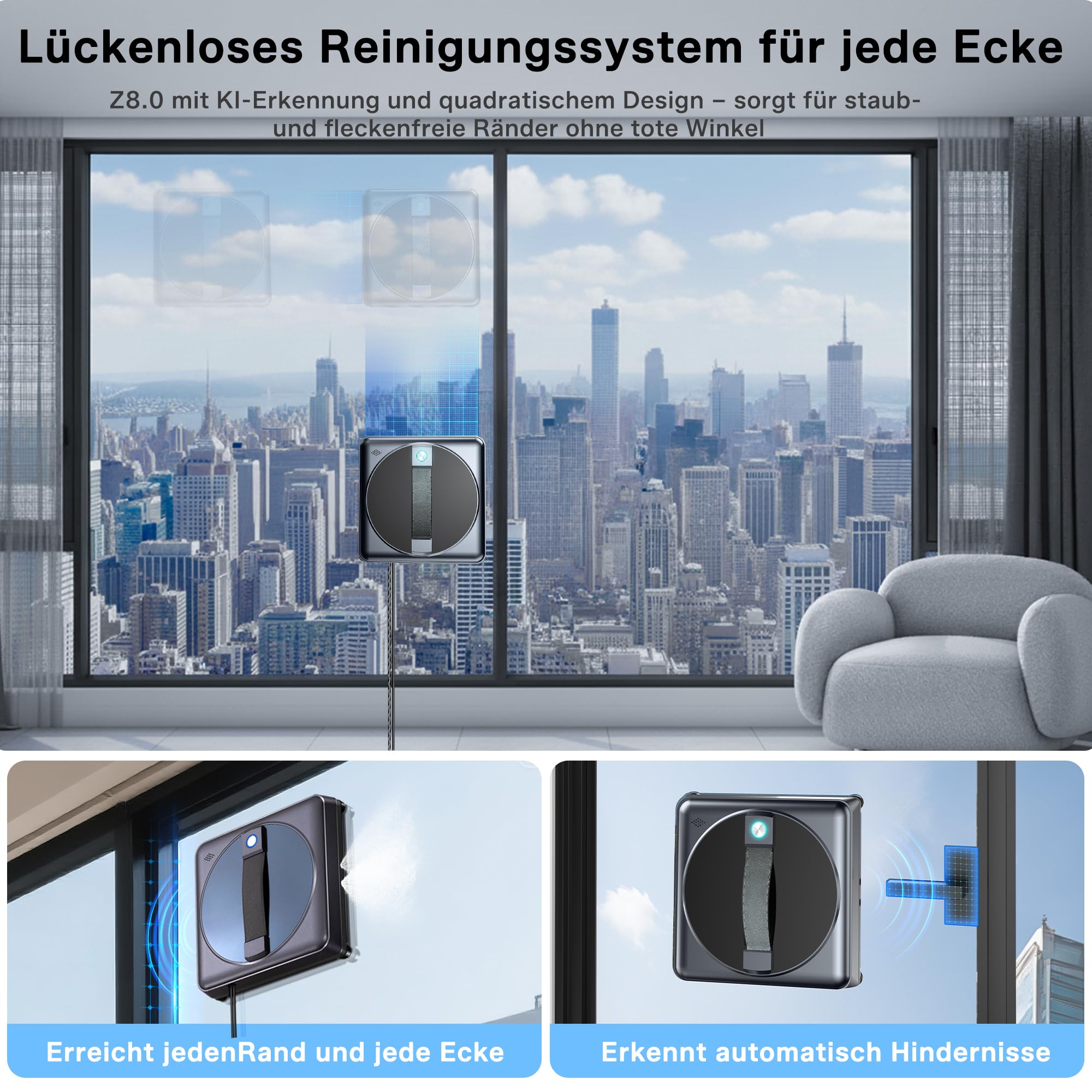 Fensterputzroboter mit Fernbedienung, 4-Düsen-Wassersprüher, Turbo-Absaugung 5000PA Starke Saugkraft, 3 Reinigungsmodi, Intelligente Pfadplanung, Kanten-Erkennung, Fernbedienung, 4 Reinigungstücher