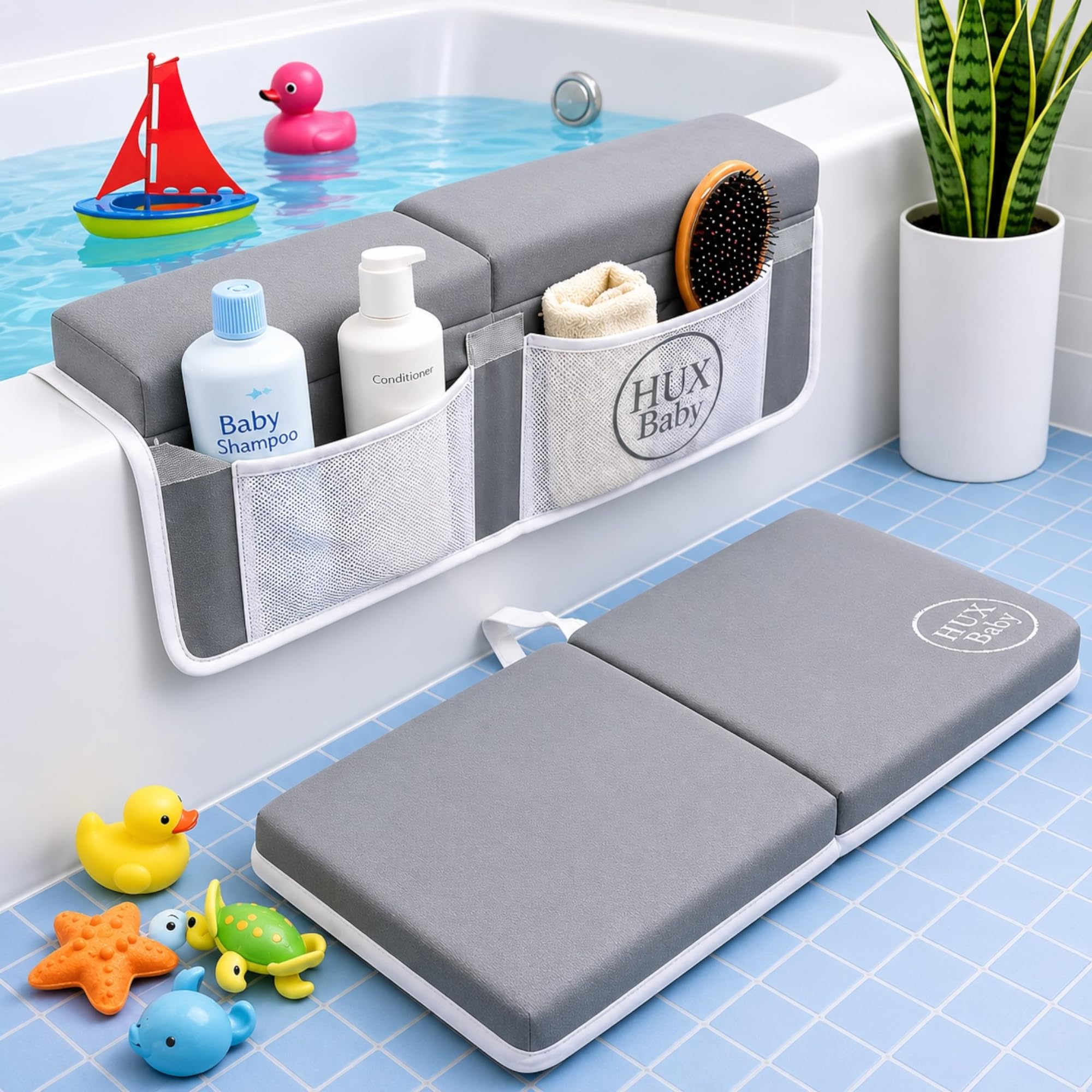 HUX Baby Baby-Badewannen-Knieschützer und Ellenbogenstützen-Set, Badematte, Badespielzeug-Organizer für Badewanne, Ellenbogen- und Kniestützen-Set, Lua Grey