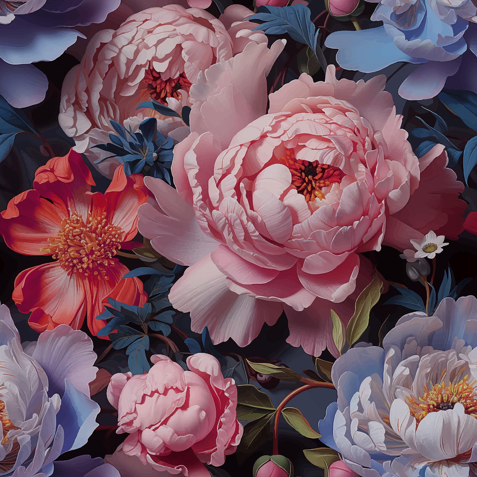 CRE8TIVE Pink Blue Peonies Floral Wallpaper Vintage Dark Floral Peel and Stick Wallpaper for Bedroom Bathroom 12"x118" Self Adhesive Removable Vinyl