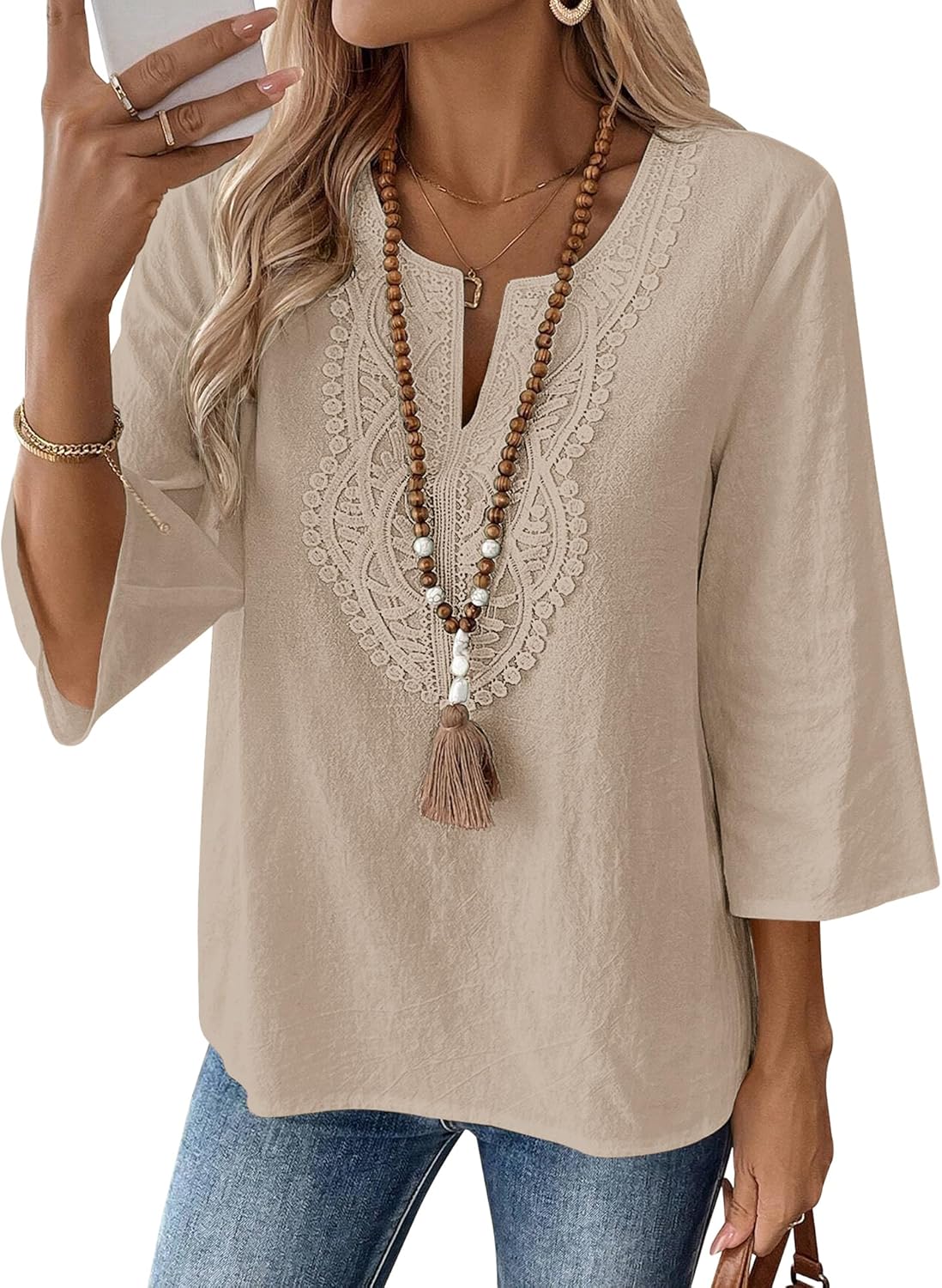 LOMON Womens 3/4 Sleeve Tops Cotton Linen Shirts V Neck Lace Casual Loose Fit Blouses Boho Fashion