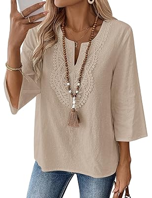 LOMON Womens 3/4 Sleeve Tops Cotton Linen Shirts V Neck Lace Casual Loose Fit Blouses Boho Fashion