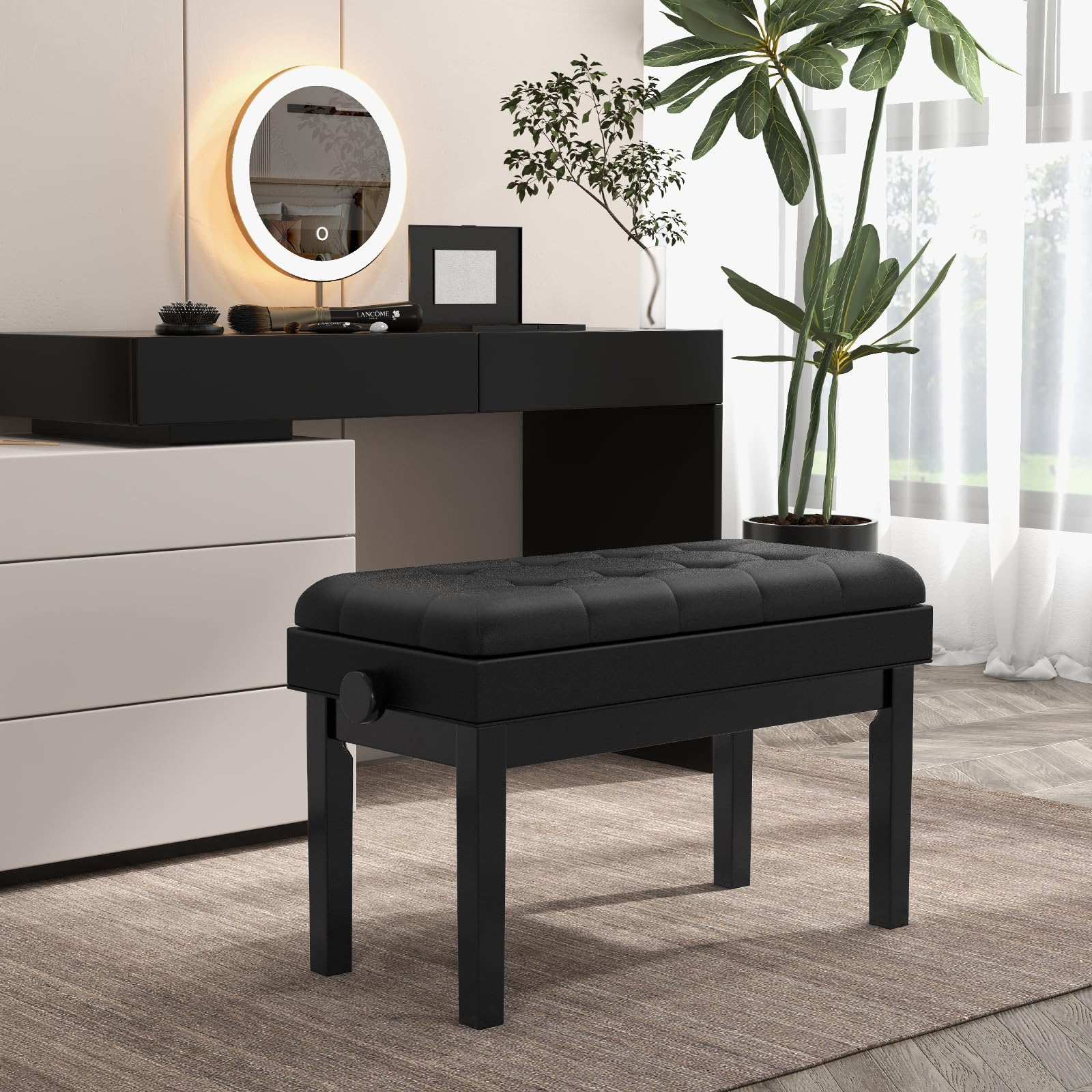 COSTWAY Tabouret Piano Réglable en Hauteur 48-58 cm, Banquette Piano avec Rangement, Siege Piano Double en Bois, Coussin Rembourré Imperméable, Banc de Piano, Charge Max. 200 kg, Noir