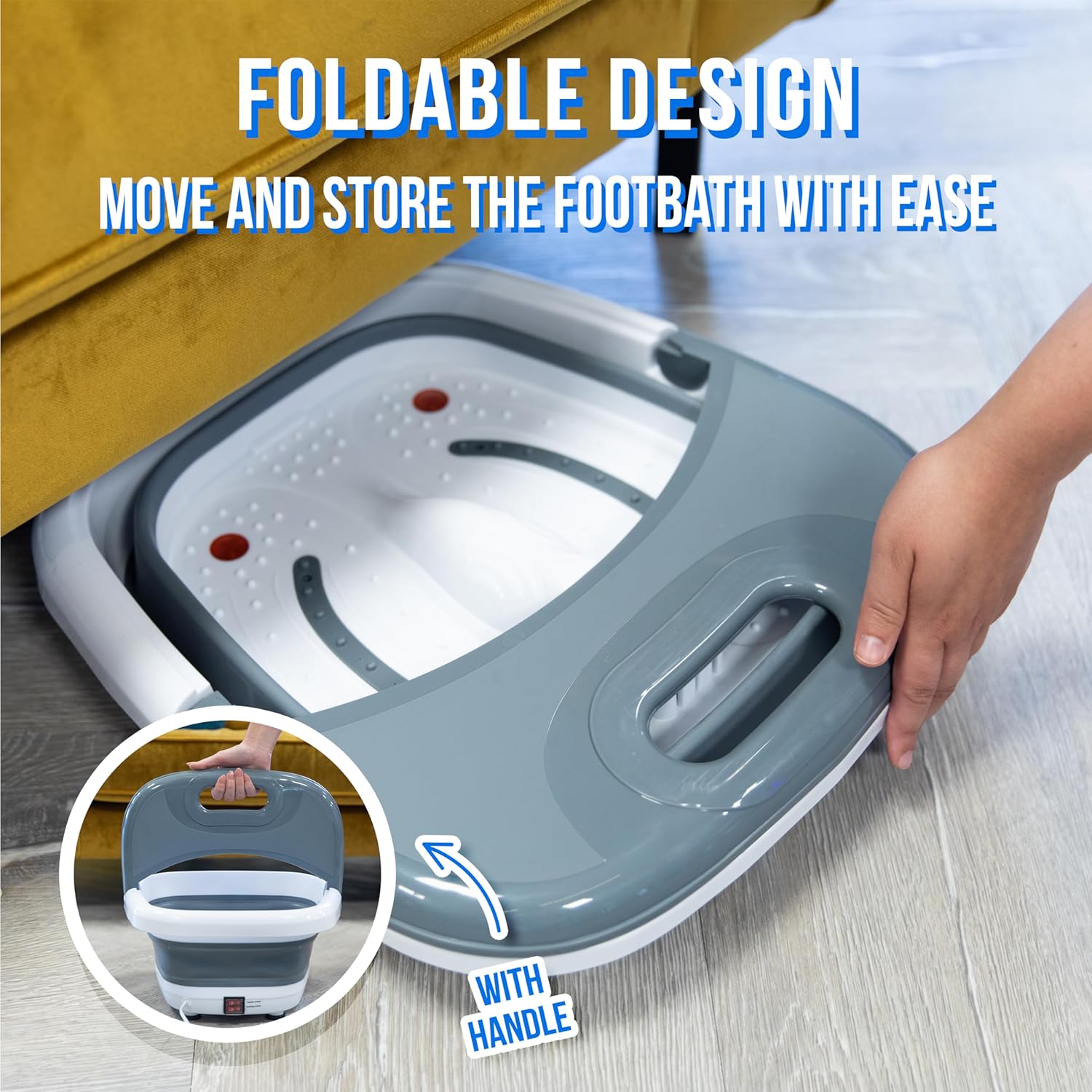 Image showing the foot spa being folded and stored under a couch