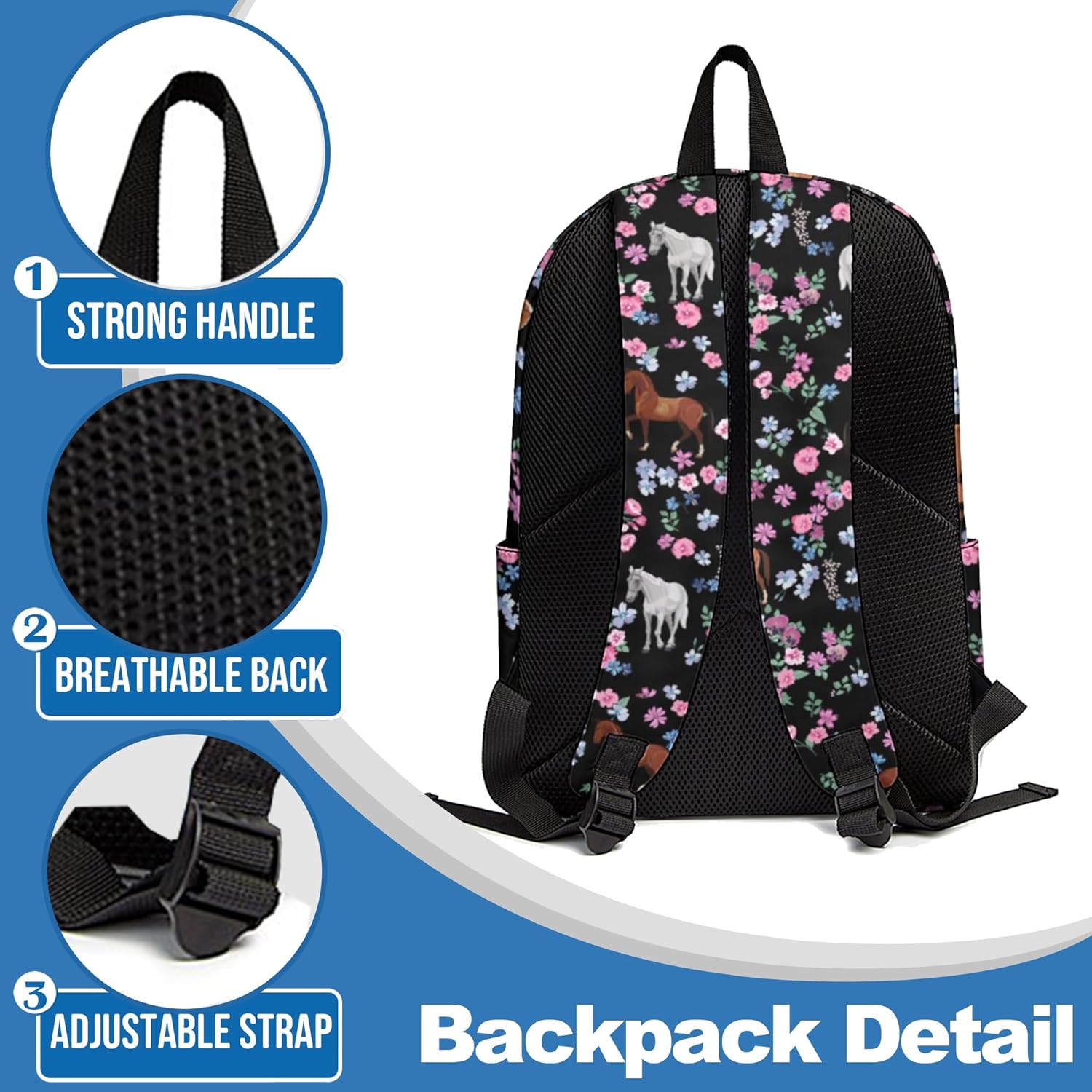 3PCS Backpack Set for Boys Girls, School Backpack with Lunch Bag Pencil Case for Kids, Backpack Bookbag for Teen Student Middle Elementary School (Flower Horse)