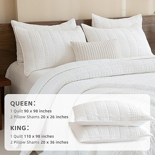 Miniatura 7 de CozyTide Juego de edredón blanco tamaño Queen, 100% algodón, suave tejido de gofre, juego de edredón de 3 piezas ligero y sólido (90 x 98 pulgadas)