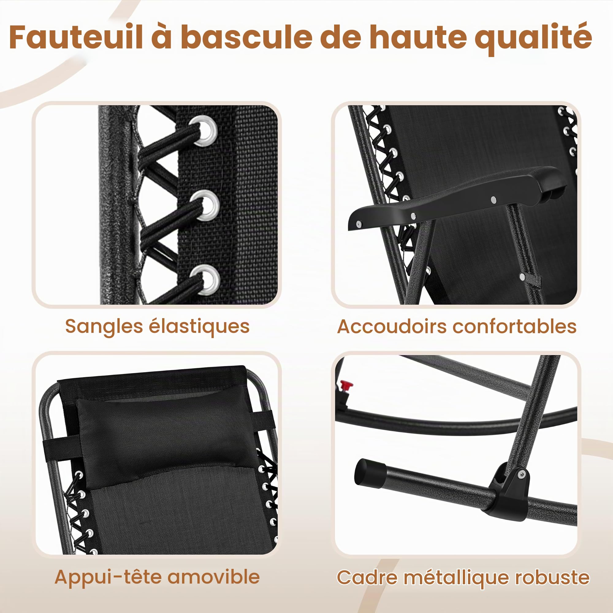 Yaheetech Basics Fauteuil à Bascule Pliant Rocking Chair Pliable de Jardin 102 x 65,5 x 103 cm avec Têtière Réglable Poche de Rangement pour Jardin Patio Terrasse Camping Voyage Noir