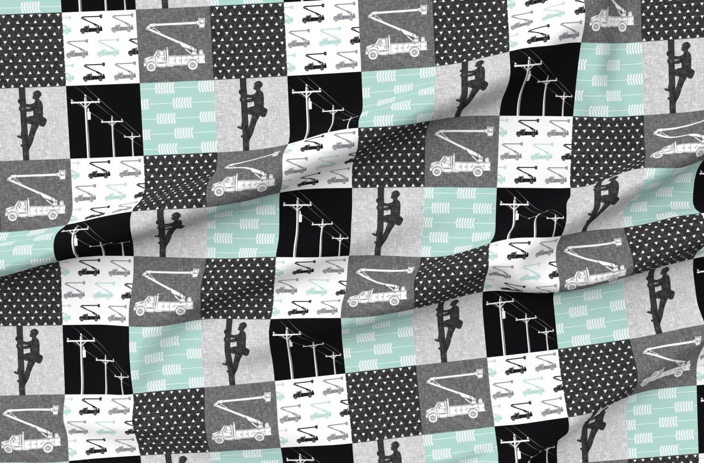Spoonflower Fabric - Patchwork Bucket Truck Lineman Utility Powerline Powerlines Printed on Organic Cotton Sateen Fabric by The Yard - Sewing Quilting Apparel Home Decor