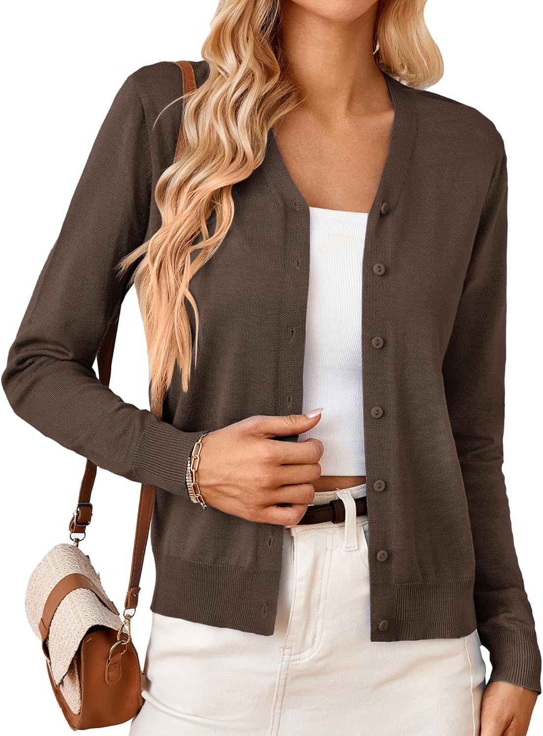 GRACE KARIN Women's Long Sleeve Button Down Vee Neck Classic Sweater Knit Cardigan