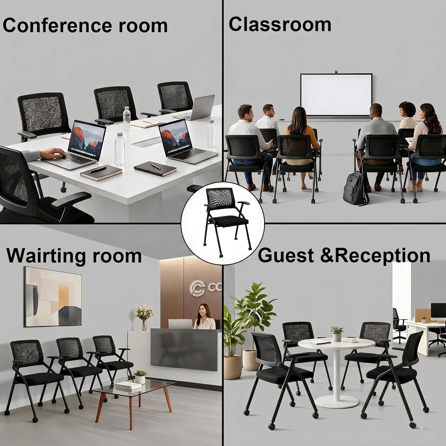 [10 Pack] Folding Office Chair with Wheels,Rolling Heavy Duty Conference Room Chairs with Mesh Back, Nesting Training Chair for Meeting Guest Reception Home Office Seating (10, with Wheels)