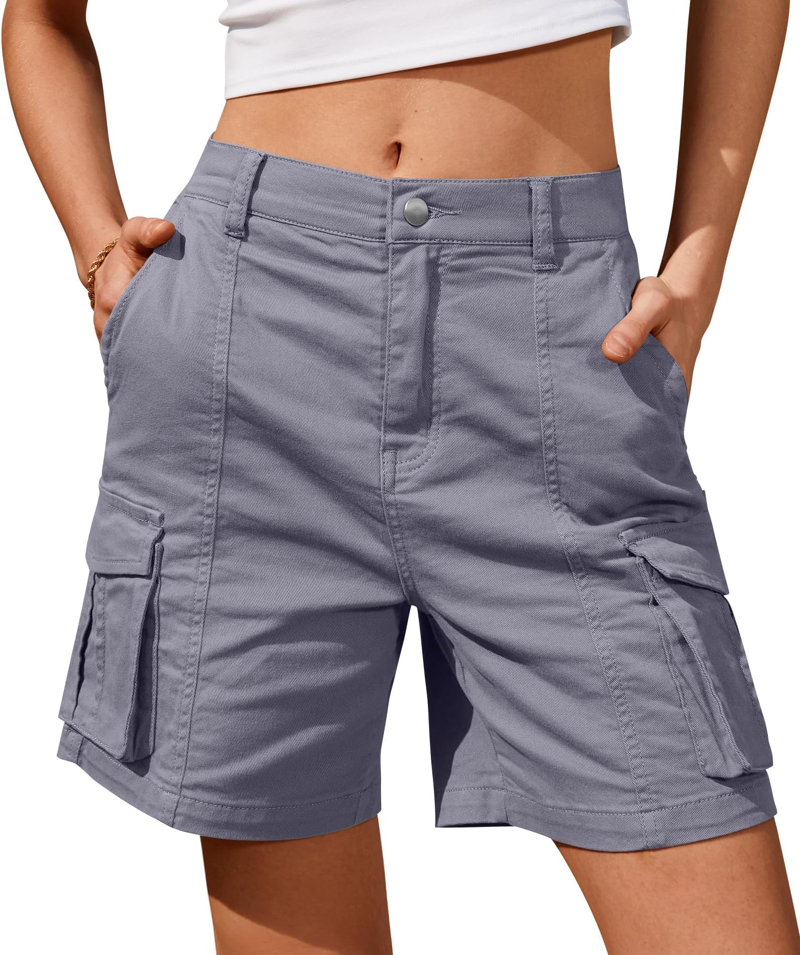 BUNSLOOM Bermuda Shorts Damen Cargo Shorts Knie 6 Taschen Elastischer Bund Lange Shorts Sommer