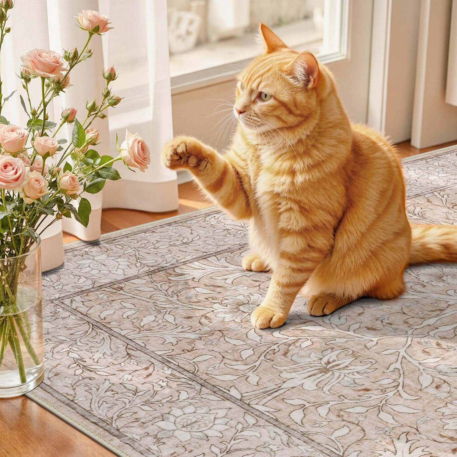 Collive 5x7 Area Rugs, Machine Washable Floral Living Room Bedroom Rug, Vintage Distressed Neutral Non Slip Low Pile Throw Carpet, Soft Retro Rugs for Dining Room Nursery Office, Pink Grey