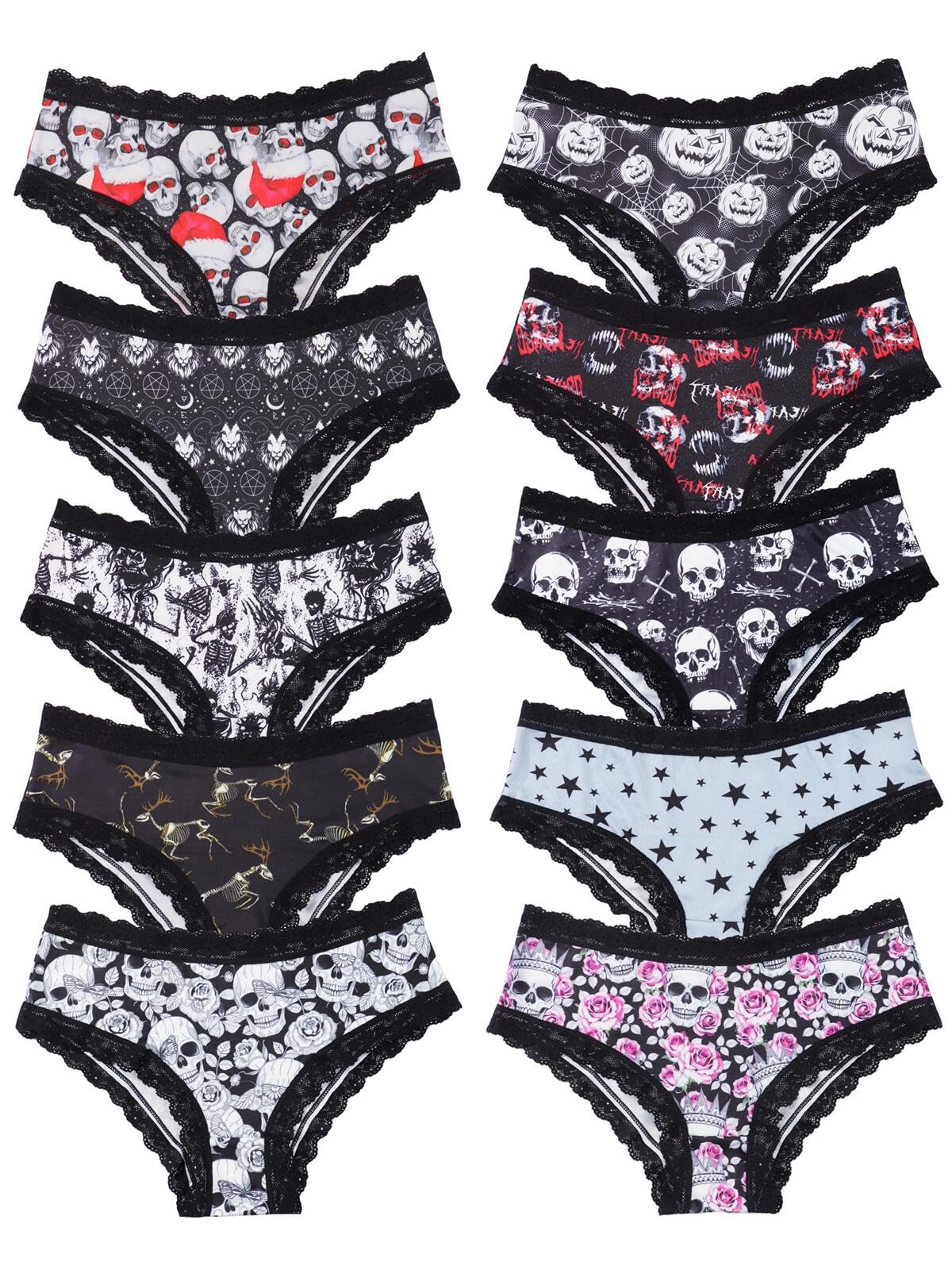 Morvia 10 bragas góticas de encaje de contraste para Halloween, estampado de calavera y rosa, estilo hipster