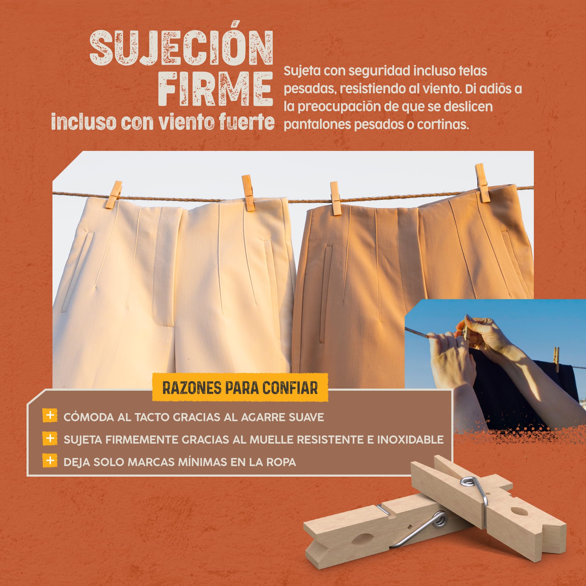 PORTENTUM Pinzas para Ropa de Madera, Set de 100, Color Natural - Resistentes con Fuerte Agarre para Tendedero Exterior, Manualidades y Hogar, Tamaño 7,5 x 1,0 x 1,3 cm