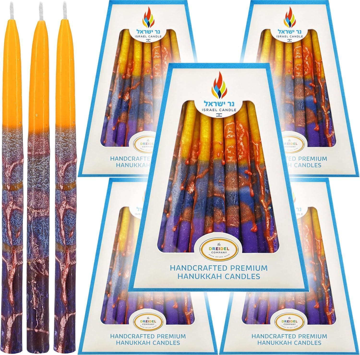 5-Pack Dripless Hanukkah Candles Decorative Purple, Blue, Orange Orange Frosted Stripes, 45 Candles for All 8 Nights of Chanukah, 60 Minute Burn Time