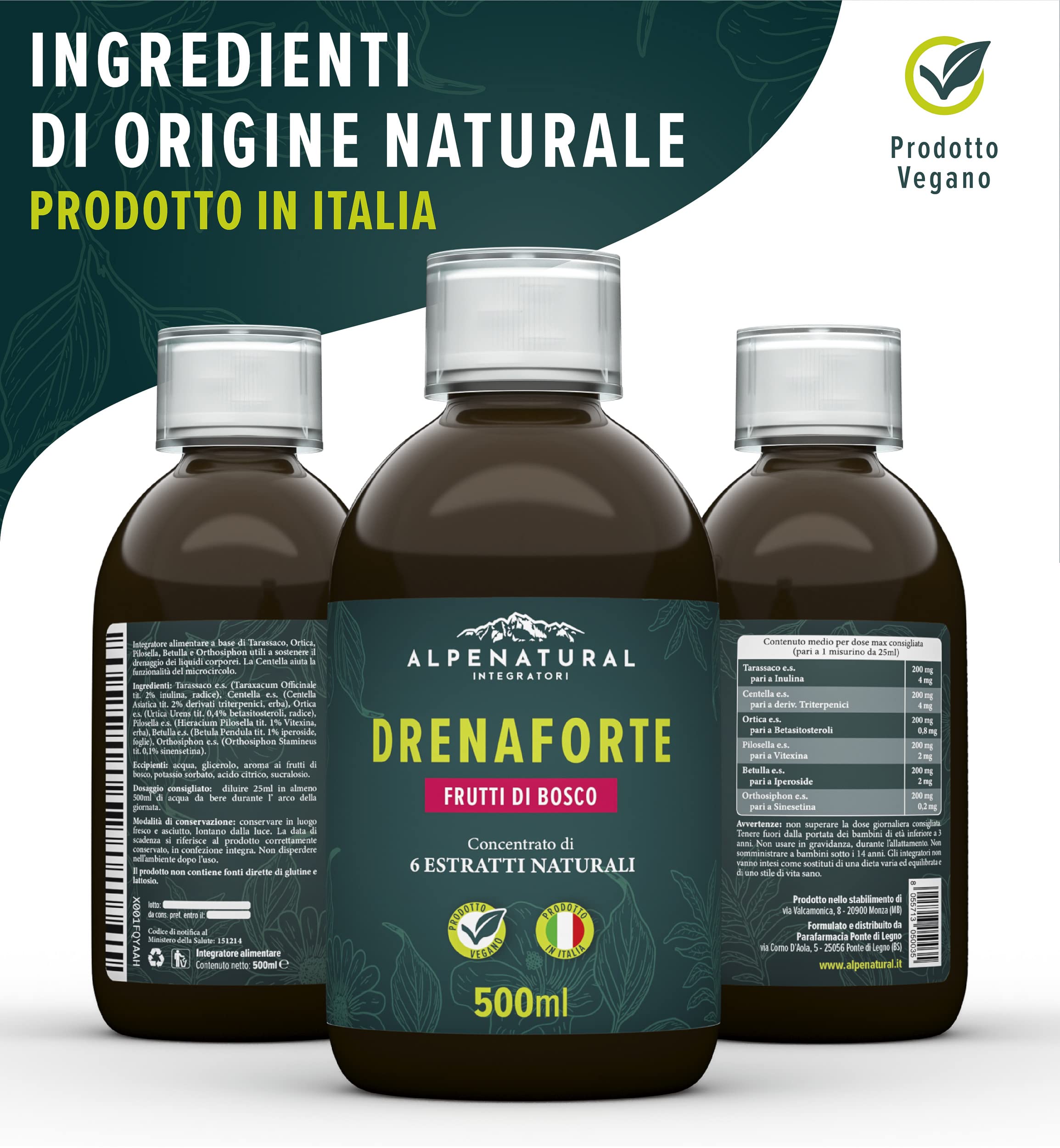 Drenaforte | Drenante Forte, Concentrato di 6 Estratti Naturali, Drenante, Diuretico, Detox, Depurativo Naturale, Ritenzione Idrica | Frutti di Bosco, Vegano, 500 ml