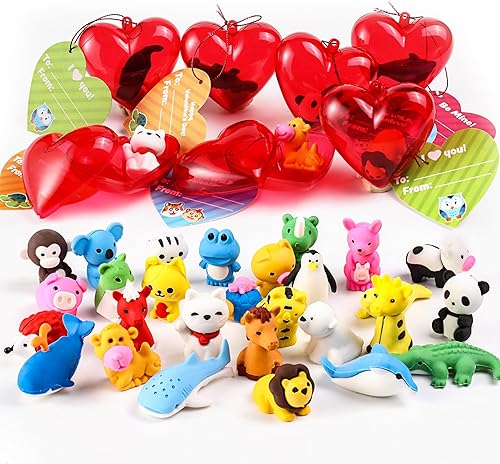 Miniatura 2 de Juego de 28 recuerdos de fiesta de San Valentín para niños, corazones rellenos con borradores y tarjetas de San Valentín para niños regalos de San