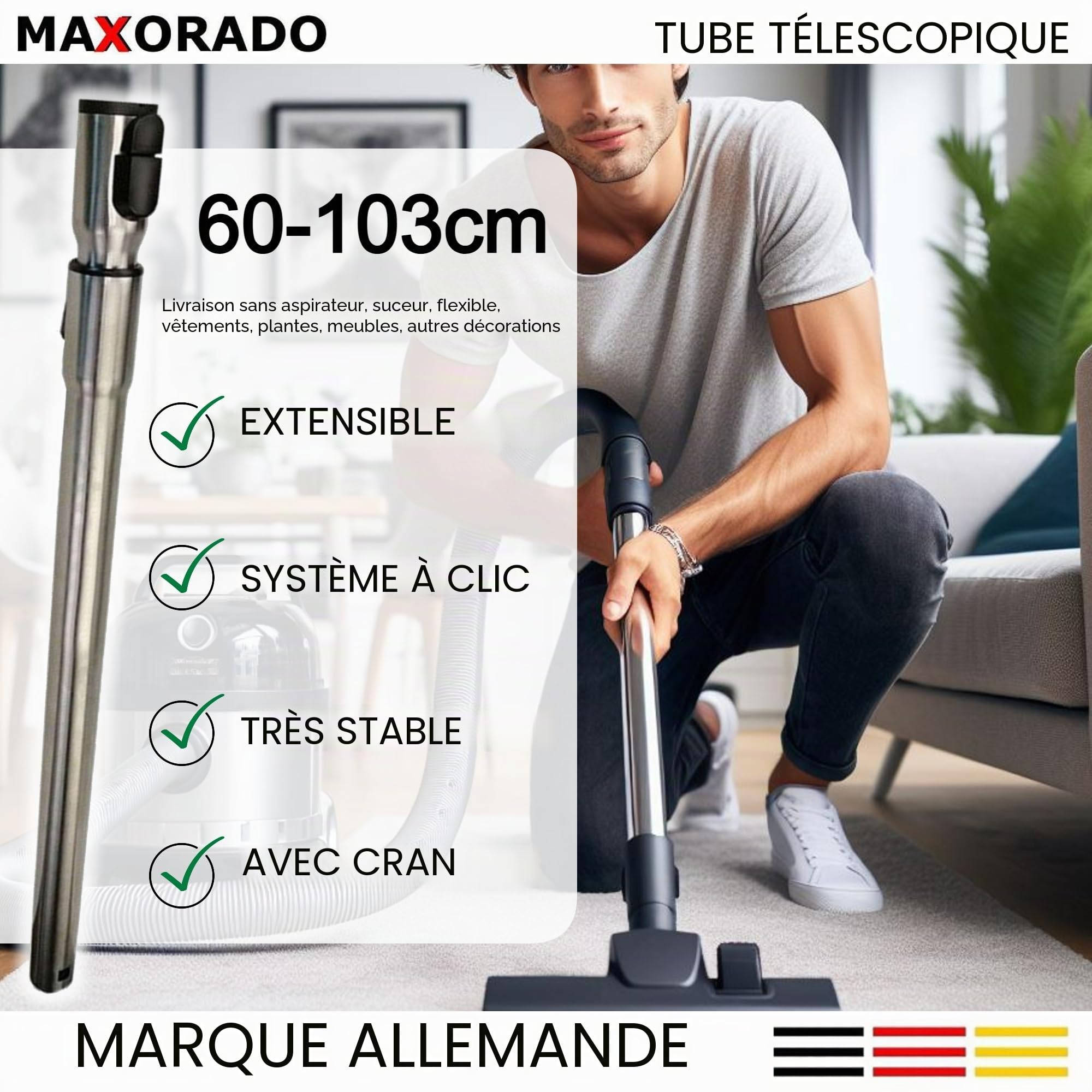 Tube télescopique pour aspirateur compatible avec Miele série C3 Complete C 3 Compact Ecoline Plus + Cat & Dog Powerline Silence C1 C2 C 1 2
