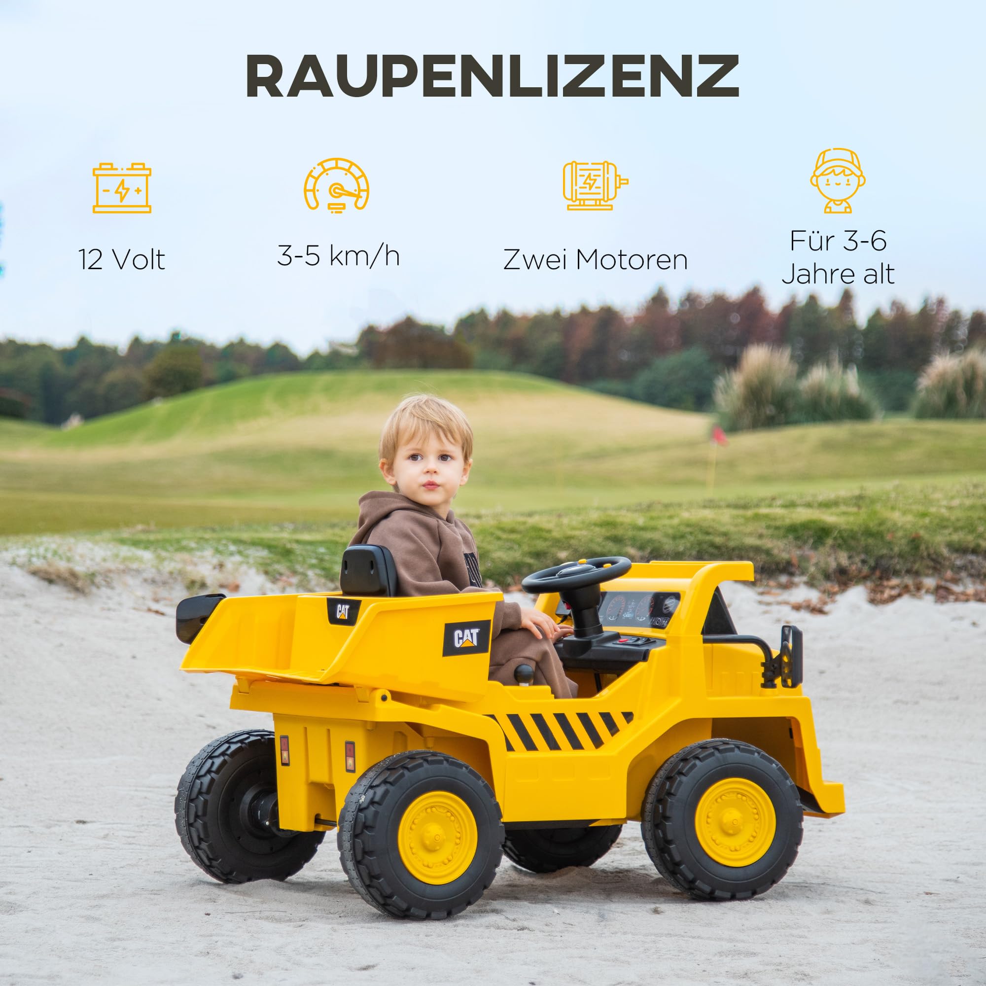 AIYAPLAY Elektrischer Traktor 12V Kinder Aufsitztraktor für 3-6 Jahre Gelb | 2,4G Fernbedienung, Eimer, Schaufel, Kinder Elektroauto, 2 Motor, Musik, Lautsprecher, Scheinwerfer, 3-5 km/h