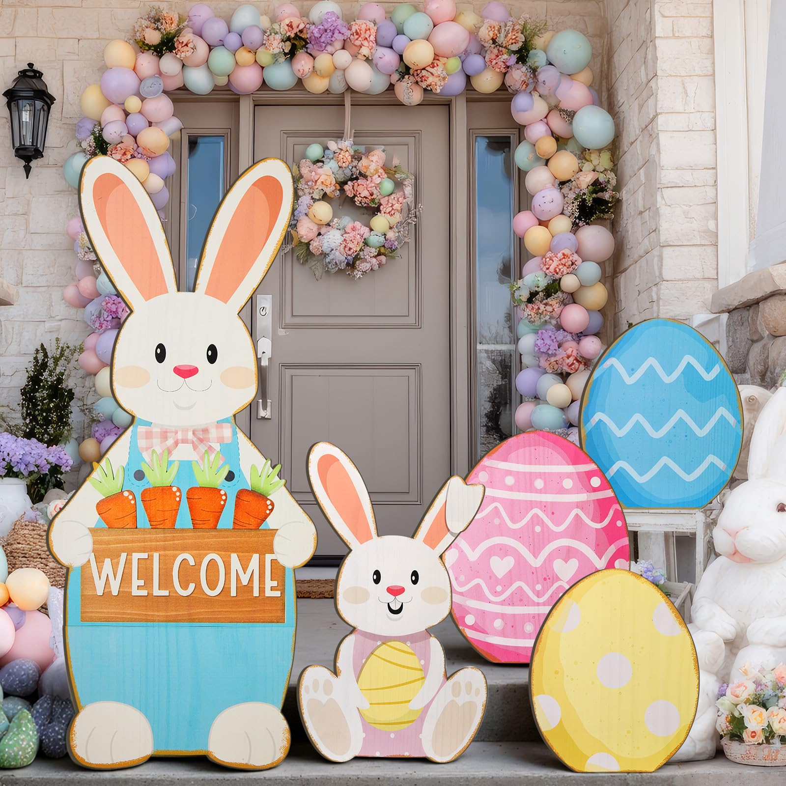 Photo 1 of Breezehug 5 Pack Easter Giant Wooden Porch Yard Decorations, 37'' Bunny & Colorful Egg Outdoor Signs with Stands, Welcome Decor for Front Door, Garden, Farmhouse, Spring & Easter