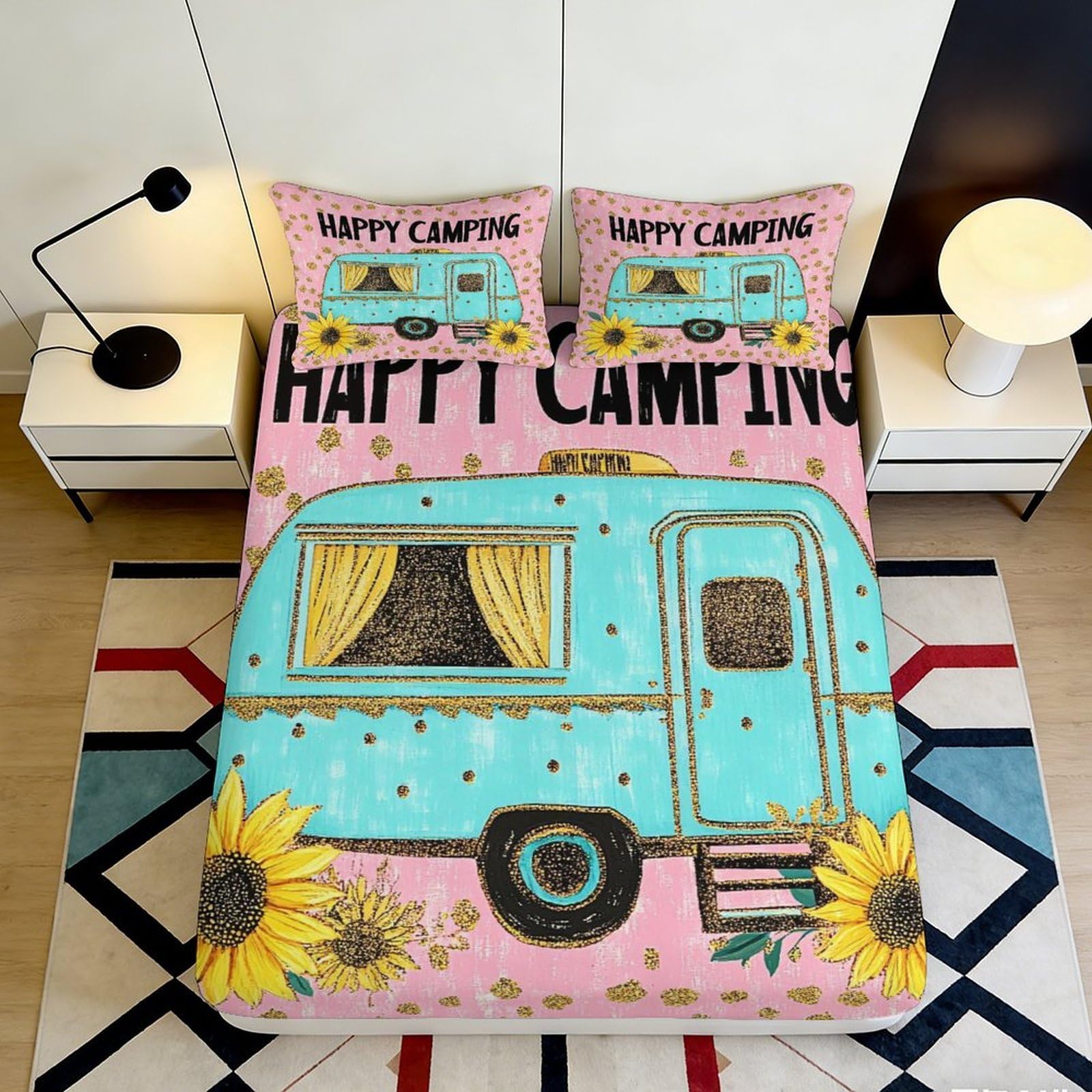 Pnayamiorkfel Style-9 3D Printed Happy Camping Fitted Sheet Microfiber Sunflower Camper Bed Cover For Bedroom Dorm Guest Room Decor 90X200x25cm