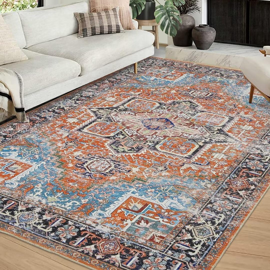 GlowSol Ultra-Thin Washable Vintage Area Rug 8x10 Non-Slip Large Rug Retro Distressed Carpet Oriental Medallion Living Room Rug for Laundry Bathroom Bedroom (Orange)