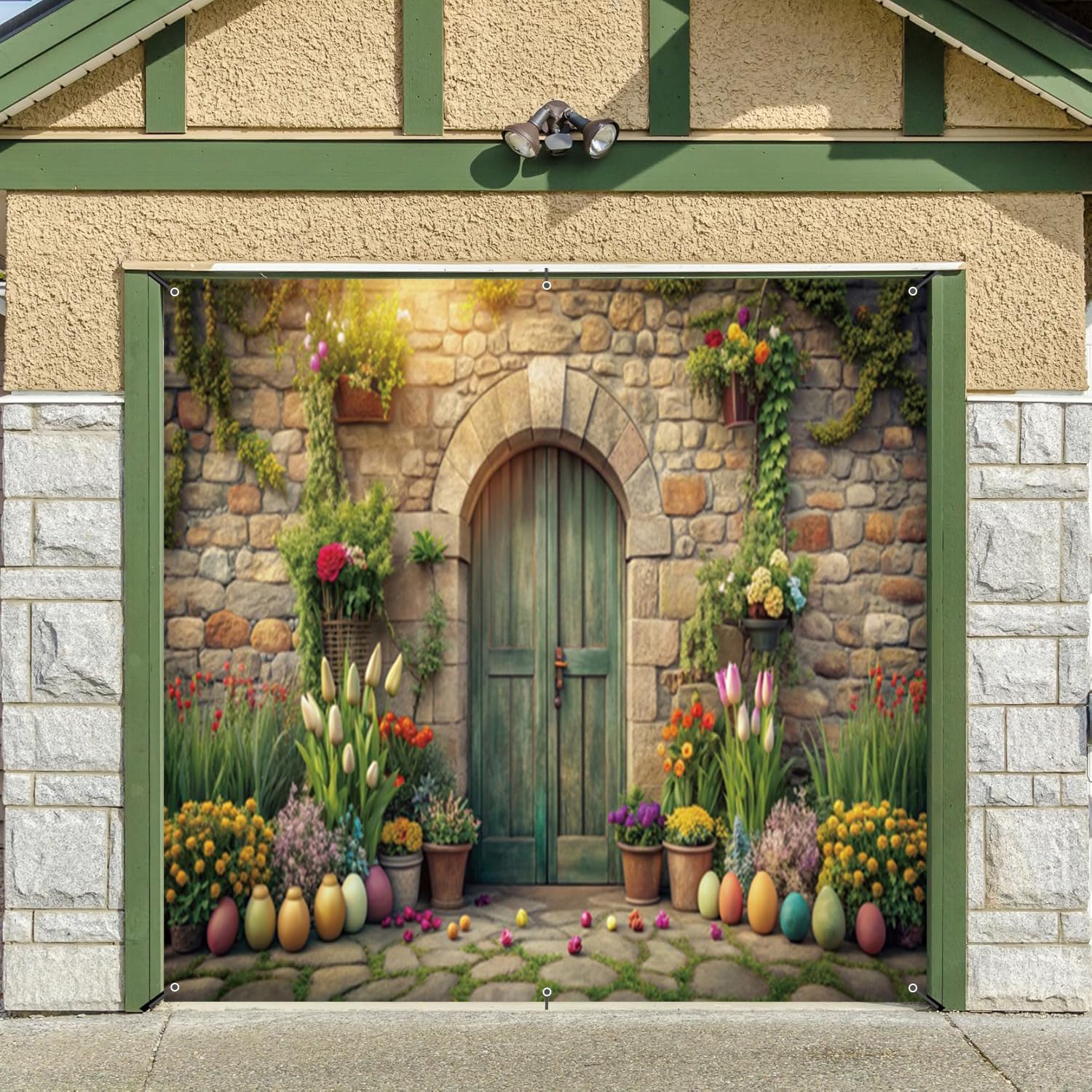 Easter Garage Door Cover Banner Decorations Backdrop 6x8ft Spring Easter Eggs Colorful Flowers Stone Wall Wooden Door Garage Door Outdoor Decorations Easter Party Baby Shower Garage Door Cover