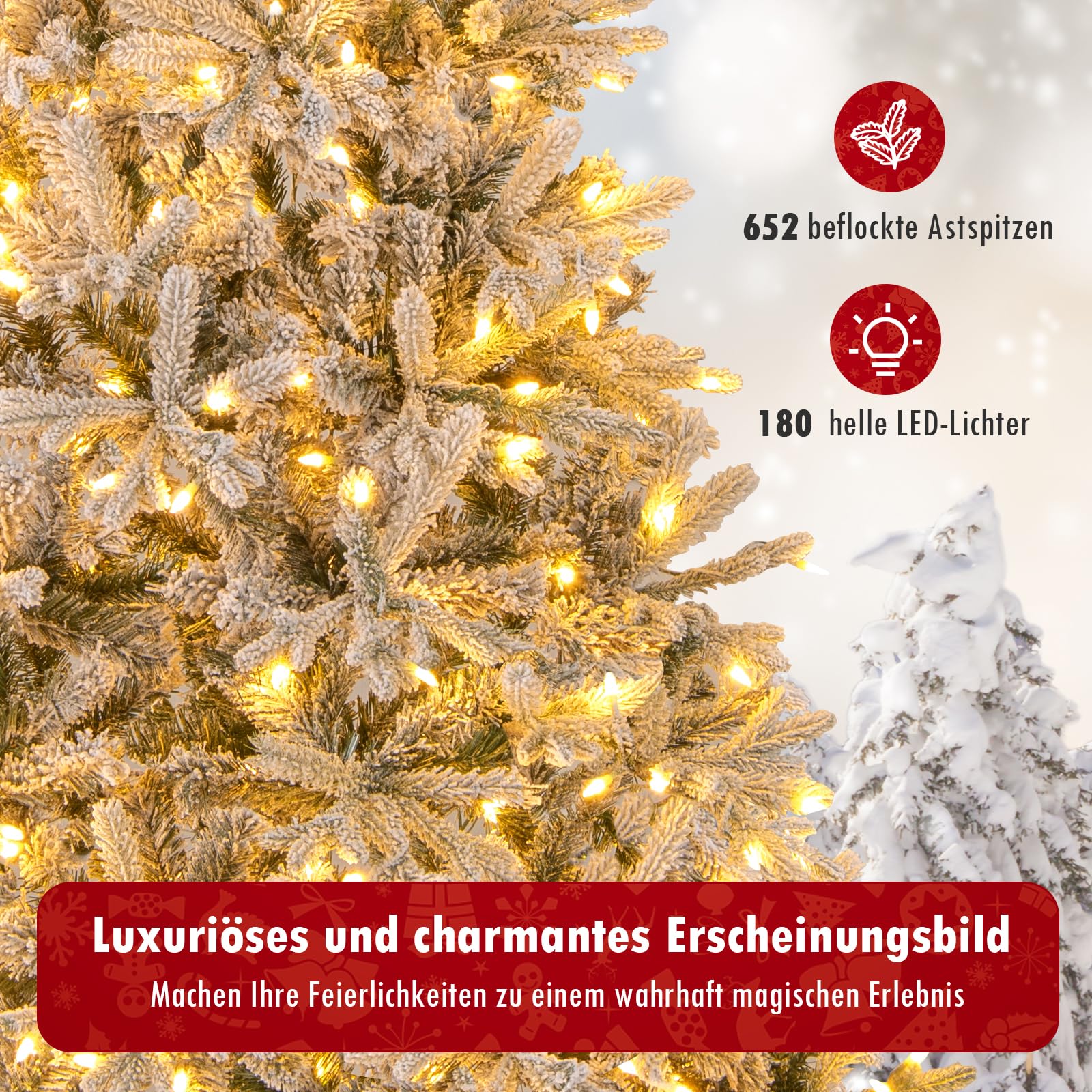 COSTWAY 180 cm Künstlicher Halber Weihnachtsbaum mit Beleuchtung und Schnee, Tannenbaum mit 180 LED-Lichtern, 9 Modi, Fernbedienung, Christbaum, Kunstbaum Weihnachten für Zuhause