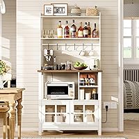 ChooChoo Farmhouse Bakers Rack with Power Outlets, Storage Hutch & 6 Hooks - Coffee Bar, Microwave Stand, Soft White & Brown