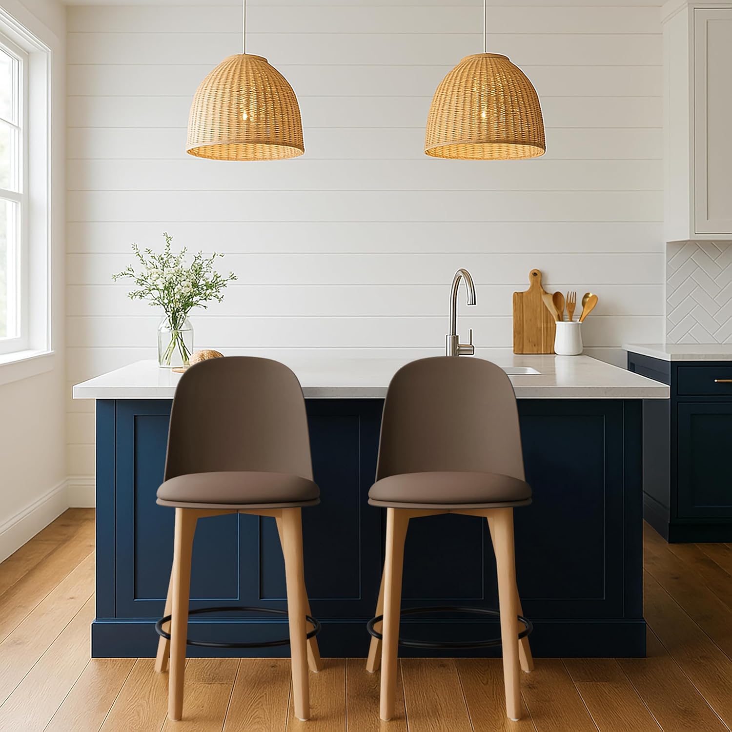 2xhome Set of 2 Counter Height Barstools | Mid Century Modern PU Leather Padded Seat | Solid Wood Legs with Round Metal Footrest | Kitchen Island Bar Chair | Non-Slip Feet, Brown