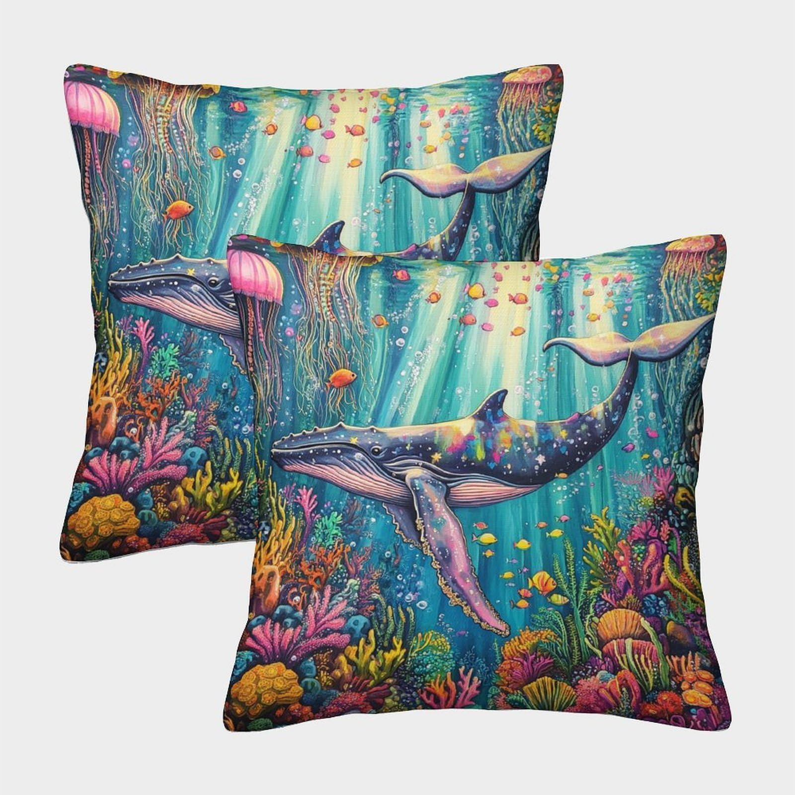 kaiyun 2 Pack Humpback Whale, Jellyfish, Coral Personalised Cushion Cover Kelp Forest Home Sofa Decoration 40x40cm Pillow Covers