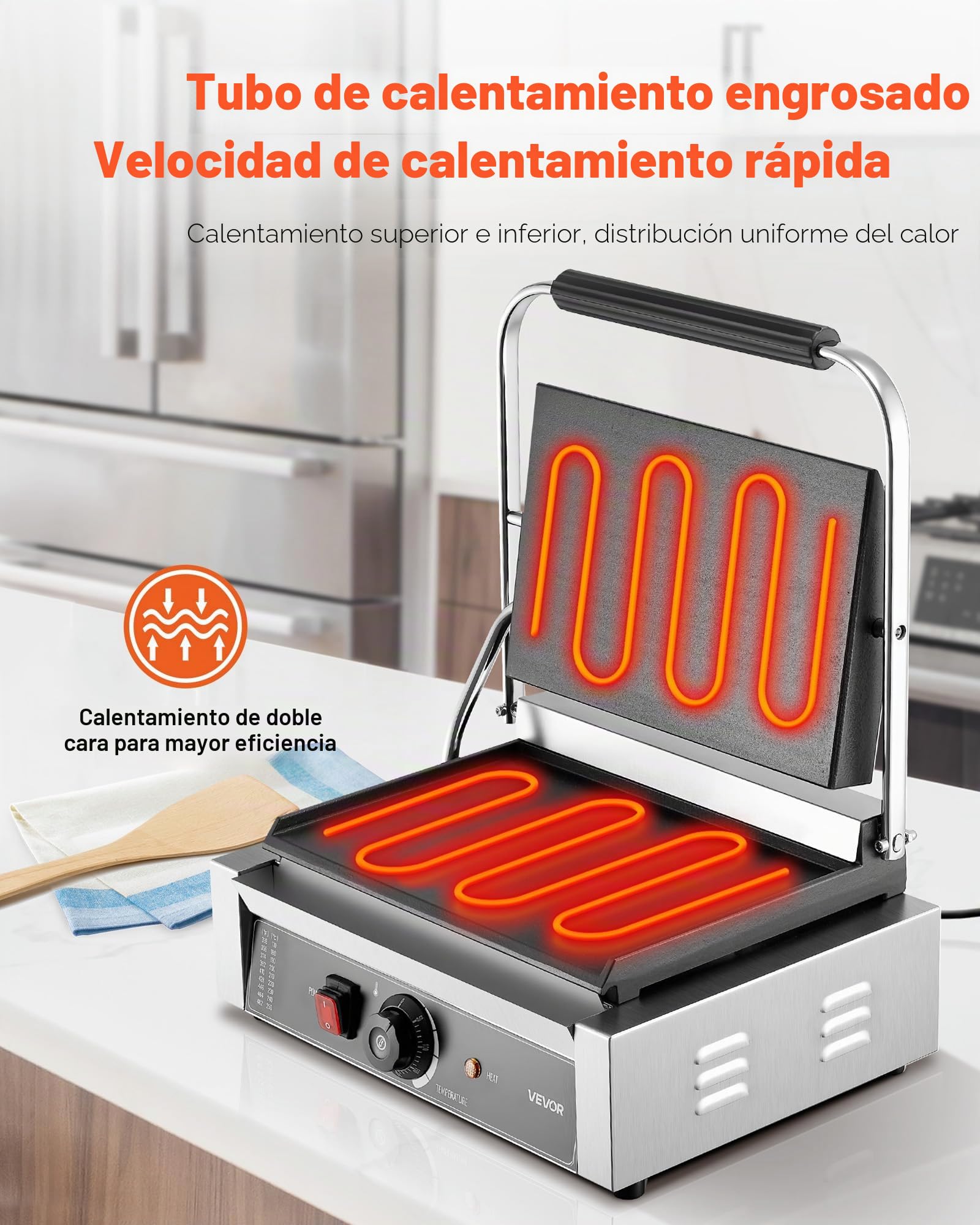VEVOR Parrilla de Contacto para Paninis de 2200 W para Sándwiches, Filetes, Tocino y Hamburguesas, de Acero Inoxidable, con Asa y Control de Temperatura y Placa Calefactora, 425 x 400 x 205 mm