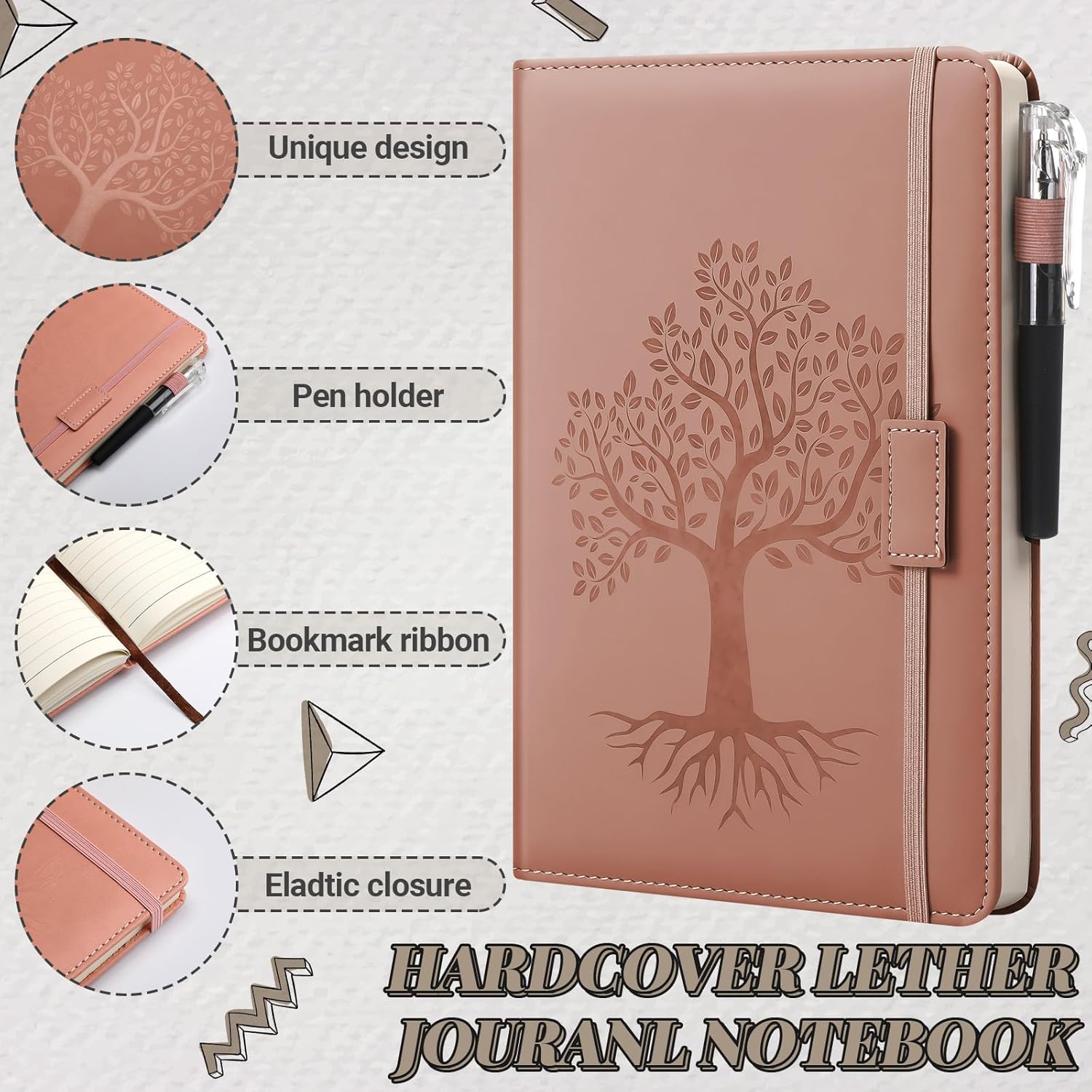 Estune 10 Pack Lined Journal Notebook A5 Tree of Life Hardcover Leather Journal with 10 Pen, College Ruled Notebook for Travel, Business, Work, Office, School Note Taking Diary(Elegant Color)