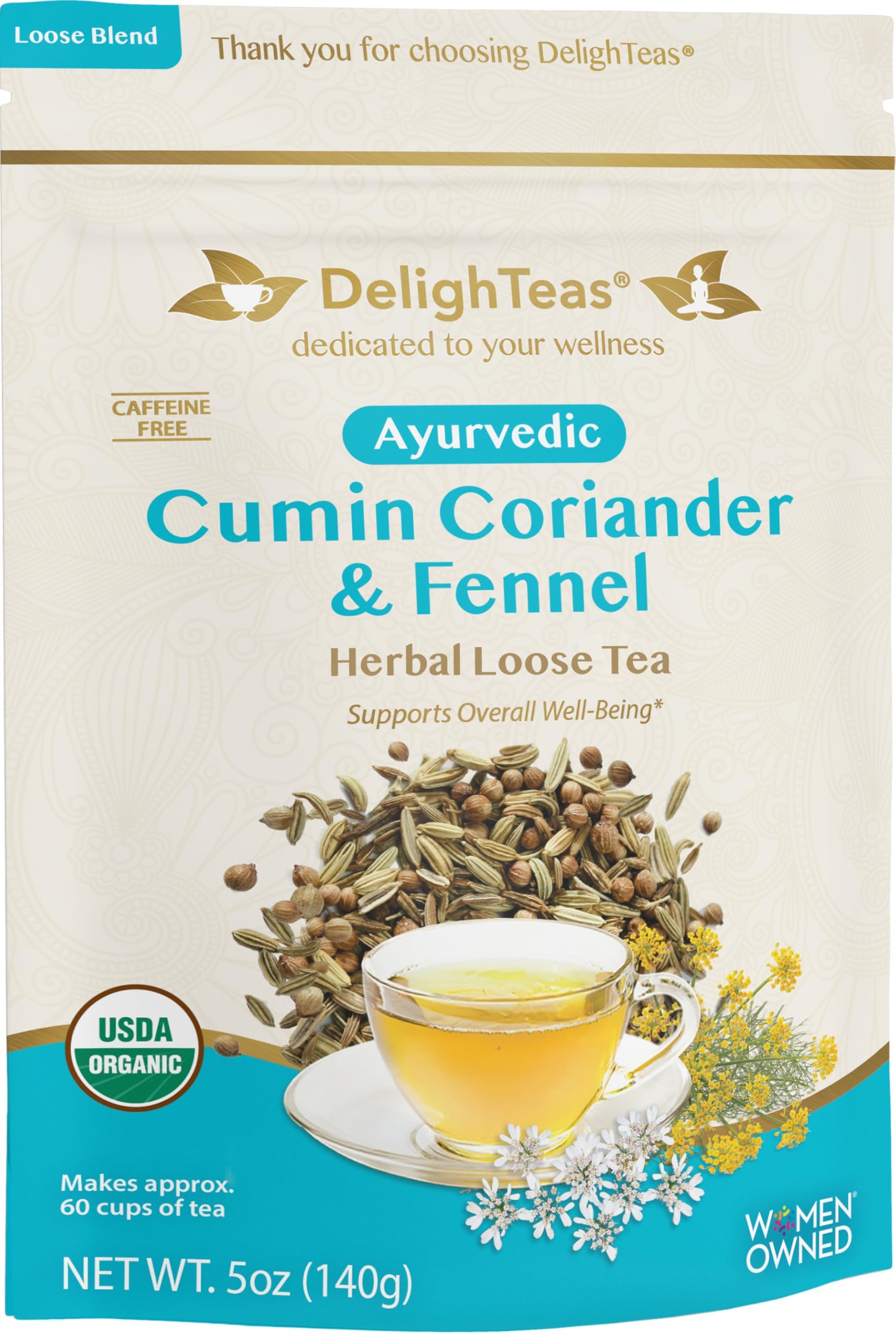 DelighTeas Organic Digest & Detox CCF Tea | Ayurvedic Cumin, Coriander, Fennel Loose Leaf Tea for Digestion, Detox Cleanse | USDA Organic, Non-GMO, Caffeine Free, Sugar Free | 60 Servings, 5 oz.