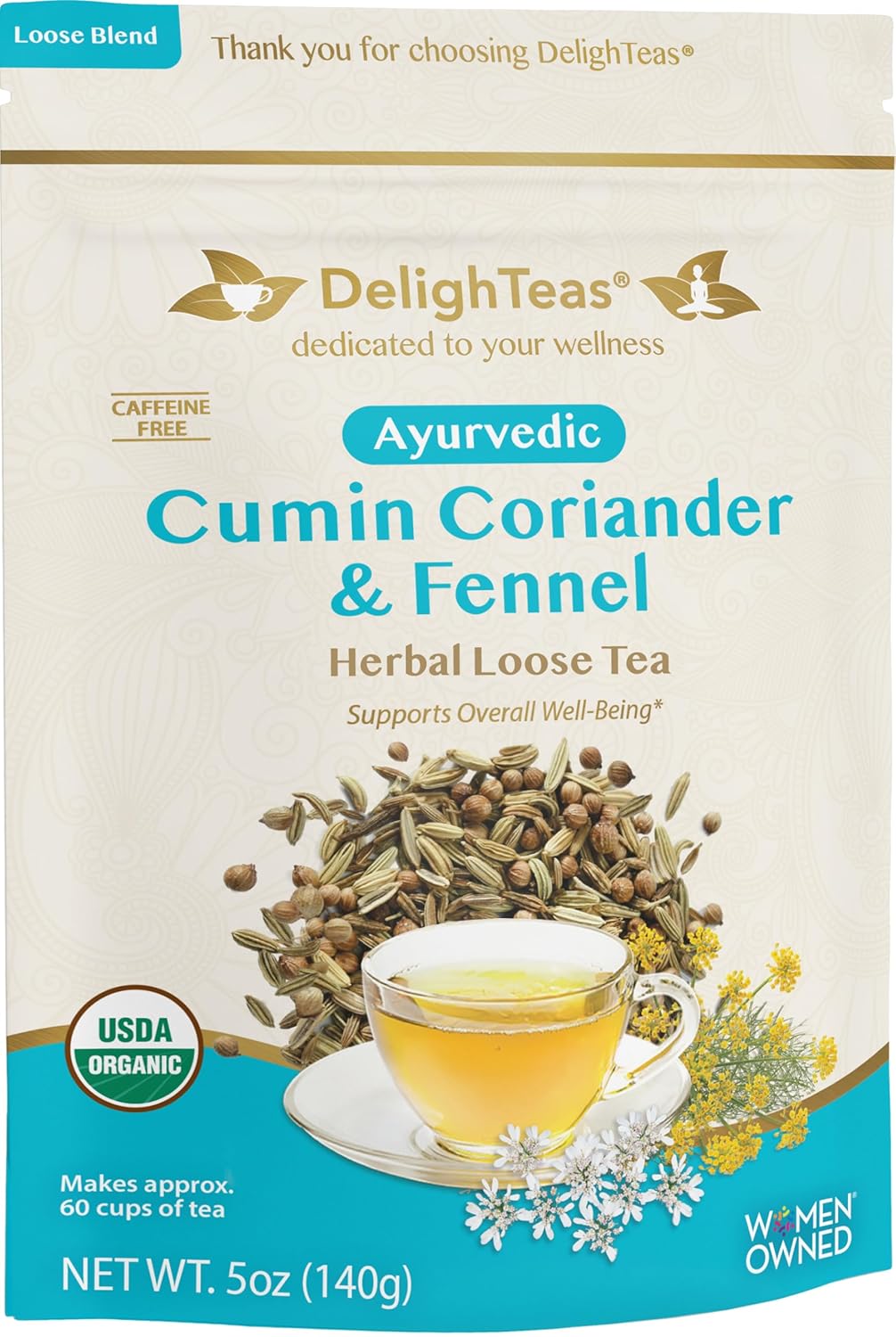 DelighTeas Organic Digest & Detox CCF Tea | Ayurvedic Cumin, Coriander, Fennel Loose Leaf Tea for Digestion, Detox Cleanse | USDA Organic, Non-GMO, Caffeine Free, Sugar Free | 60 Servings, 5 oz.