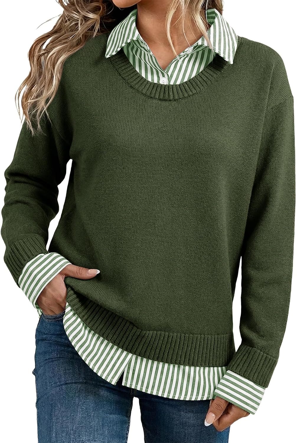  Sweaters for Women Long Sleeve V Neck Polo Knit Pullover Tops | 2 in 1 Striped Patchwork Sweater, Loose Fit Business Casual Fall Outfits, Fashion Clothing, Trendy 2026