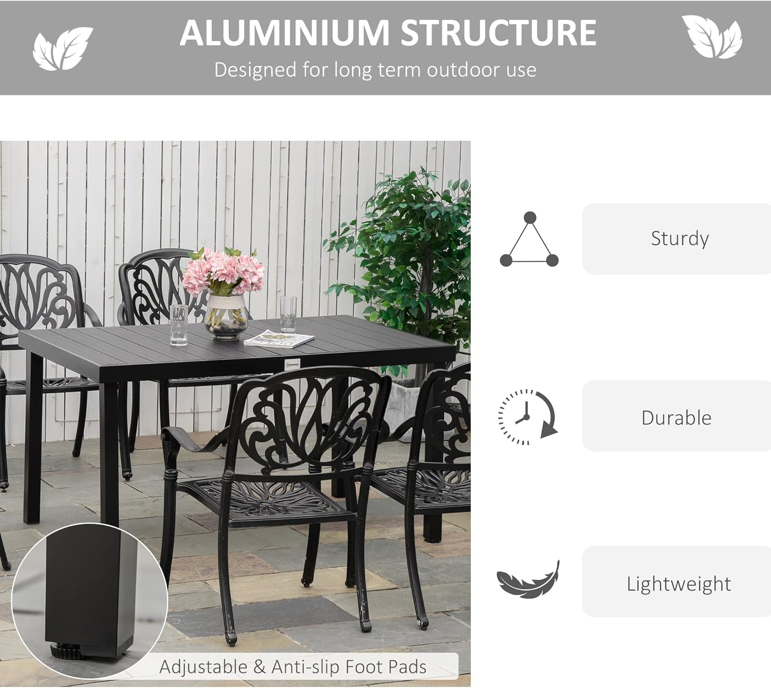 Outsunny Outdoor Dining Table for 6 Person, Rectangular Patio Table, Aluminum Metal Legs for Garden, Lawn, Patio, Woodgrain Black