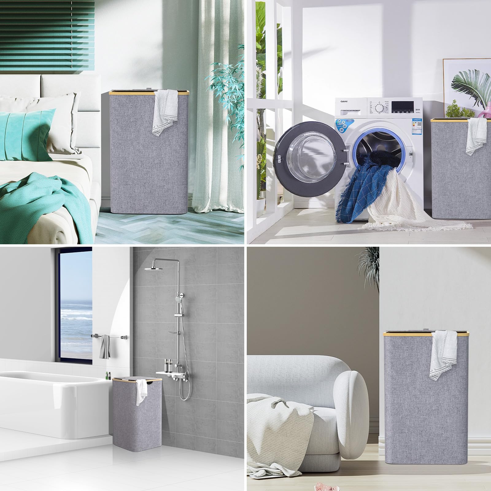 Cesto Portabiancheria Sporca Grande -100L Cesto Biancheria Sporca per Bagno in Bambú con Coperchio, Cesta Panni Sporchi con Manici per Bagno, Lavanderia, Camera da Letto per Salvaspazio-Grigio